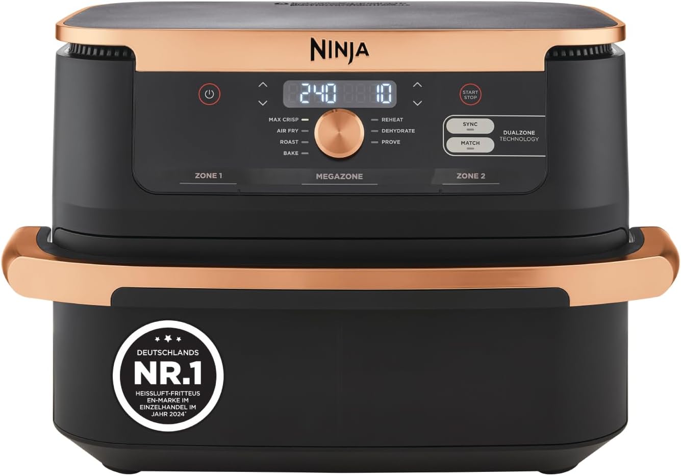 Ninja Foodi FlexDrawer Dual Zone Heißluftfritteuse, Air fryer mit 10,4-Fach und herausnehmbarem Trenner, Antihaftbeschichtung, spülmaschinenfester Korb, 7-in-1, Schwarz & Kupfer, AF500EUCP