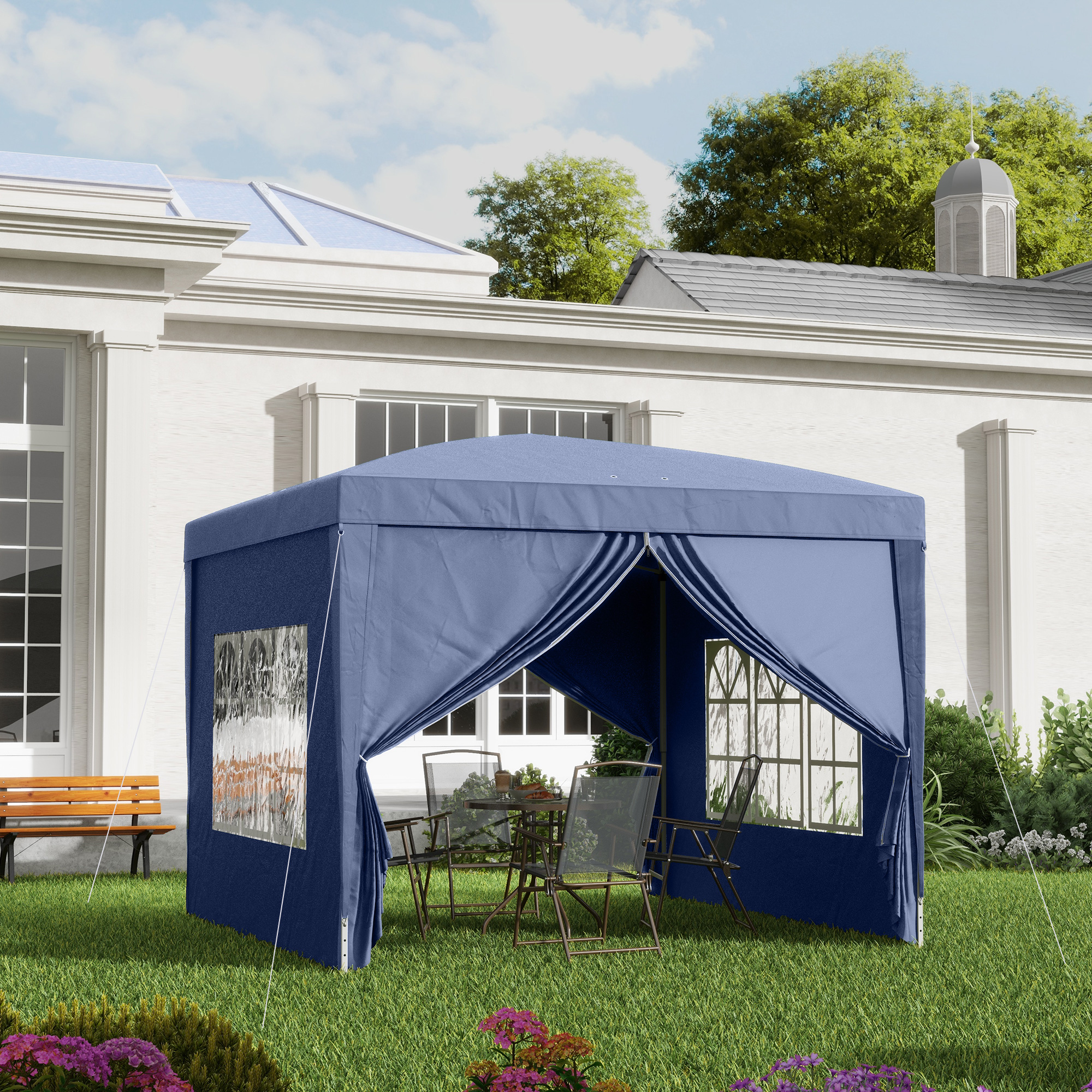Outsunny 3 x 3 m Pavillon mit 4 Seitenwänden, Fenster, Festzelt mit UV-Schutz, Gartenzelt inkl. Tragetasche, Stahl, Blau
