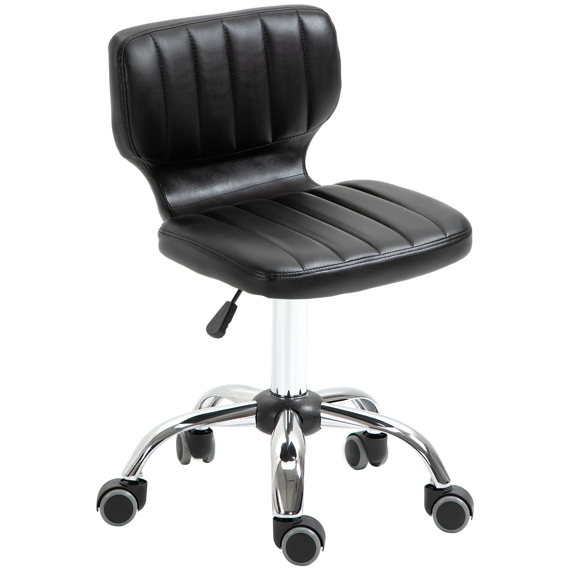 HOMCOM Drehbarer Rollhocker - Drehhocker für Arbeit - Ergonomischer Hocker - Höhenverstellbarer Sitz 47-62 cm - Gepolstertes PU-Synthetikleder in Schwarz verchromtes Metall