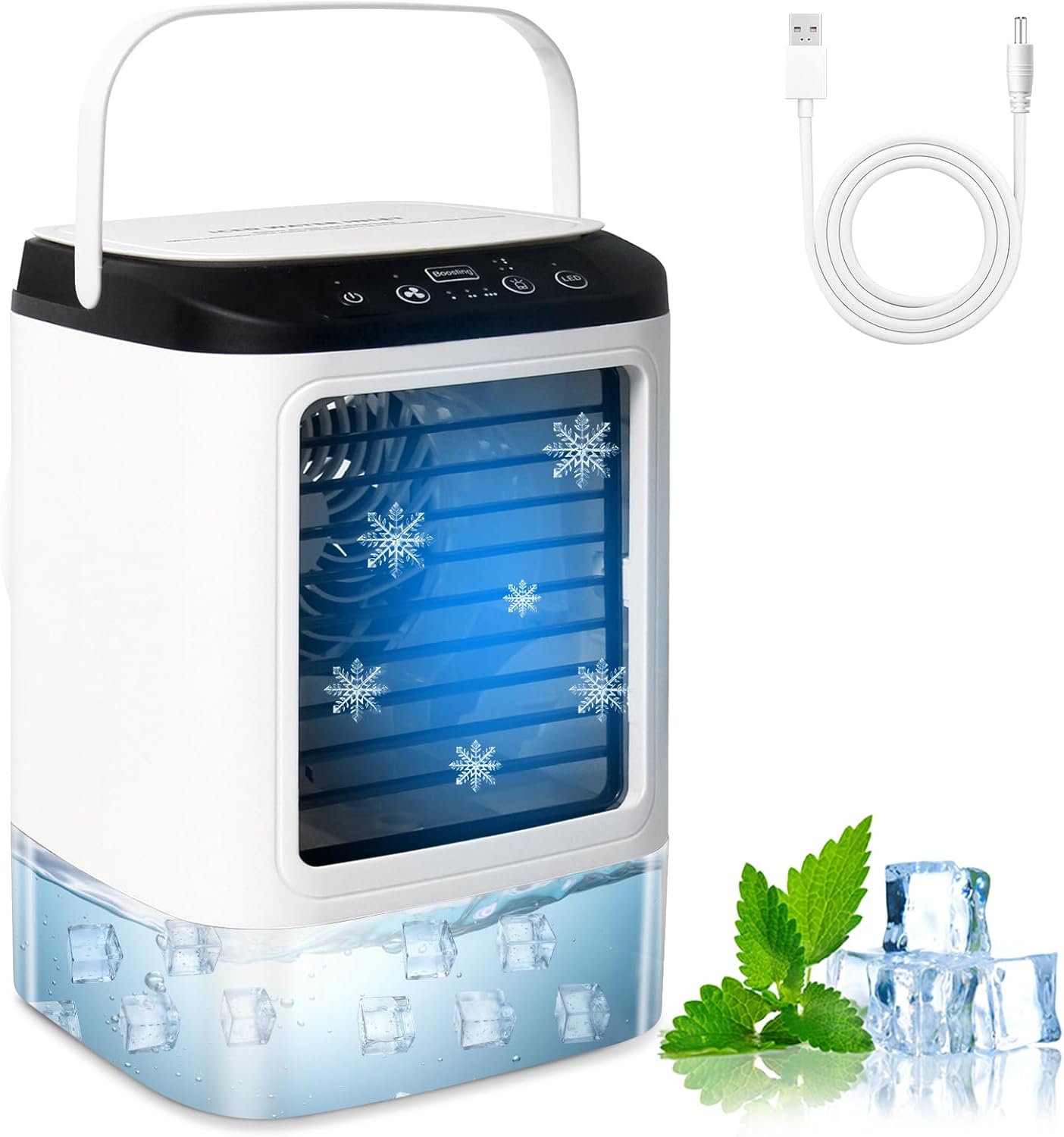 Bwaliffury Condizionatore Portatile 4 in 1, Raffreddatore D'aria Portatile,Mini Climatizzatore, 3 Velocità & 2 Modalità Nebbia,900ML& Luce a 7 Colori, 90° Oscillation, Con Maniglia per Casa e Ufficio