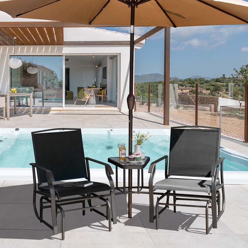 2 Person Double Swing Glider Chair Sling Fabric Porch Rocker With Glass Table Amp 173Quot Umbrella Hole - Comfortable And Ergonomic Design