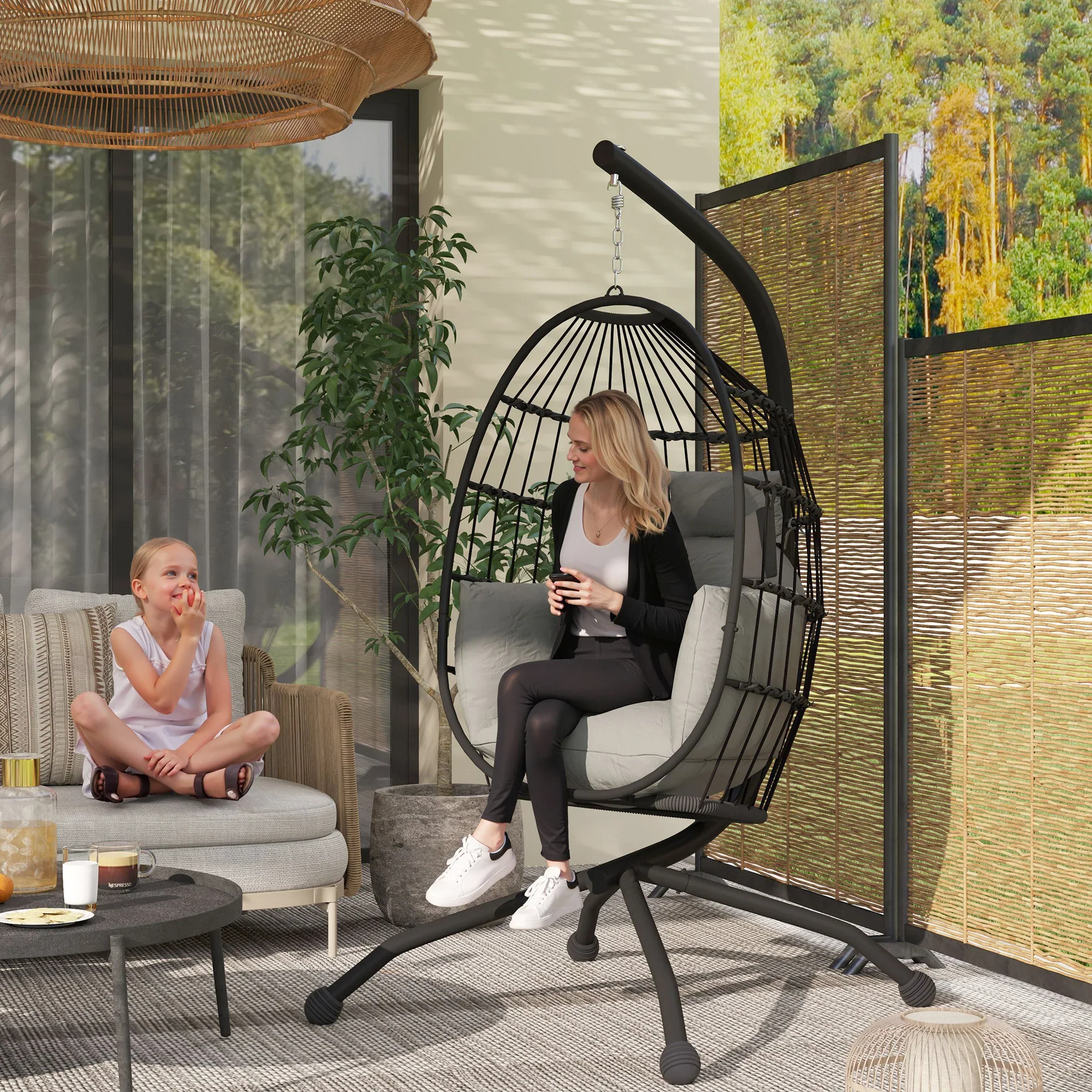 Outsunny Opvouwbare Hangstoel voor Buiten met Bekerhouder