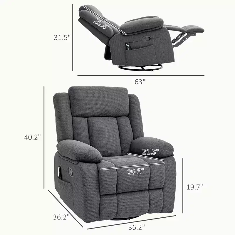 Massage Recliner Armchair with Heat, Swivel Rocker, Remote Control & Side Pockets, Gray
