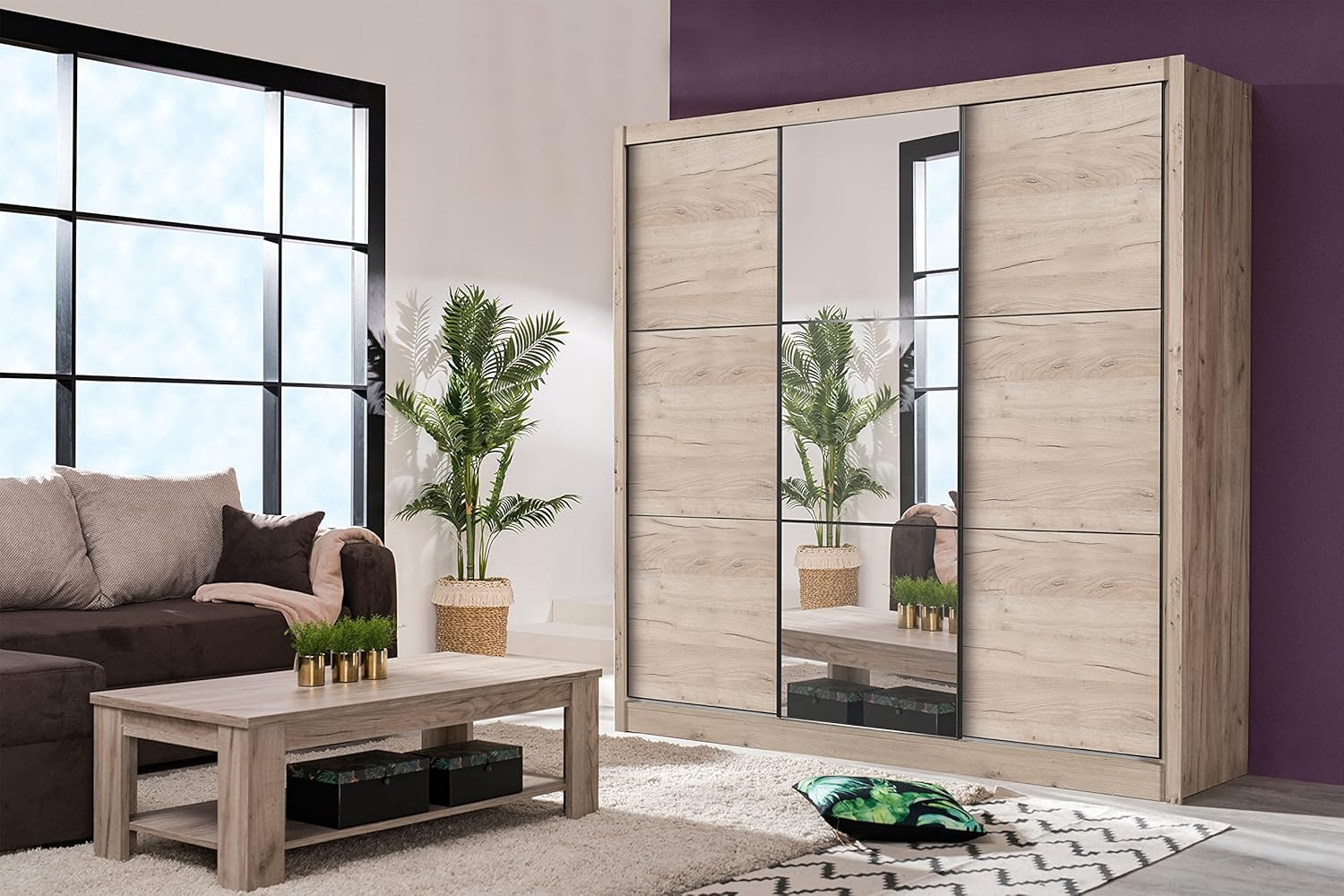 Armadio guardaroba 3 ante scorrevoli una con specchio, struttura quercia, 242x60x215 cm