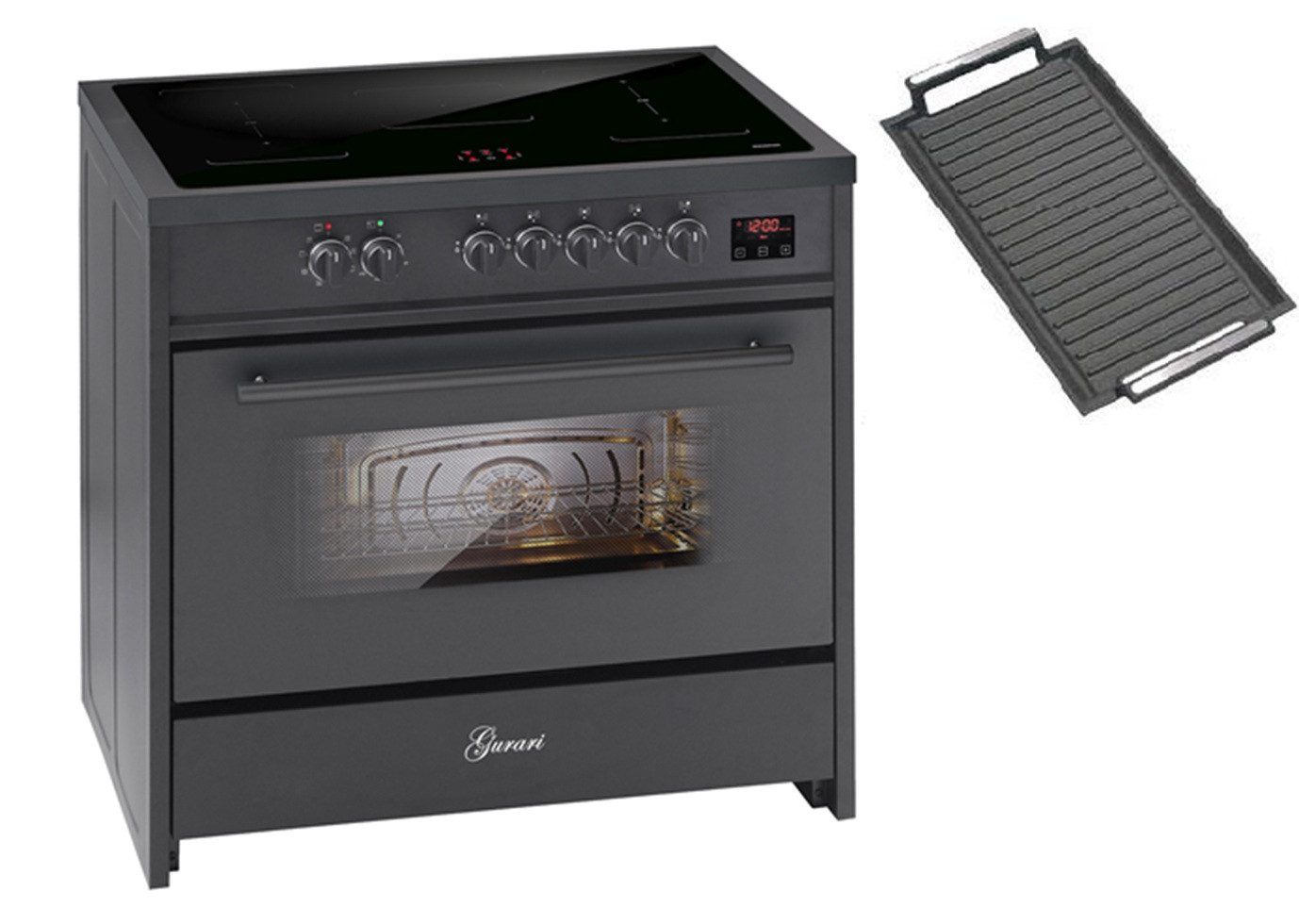 Induktions-Standherd Induktionsherd 90 cm Standherd Schwarz, 5 Kochzonen, XXL Backofen 121L, Range Cooker,FLEX Zonen E 913 BL+Grillplatte.
