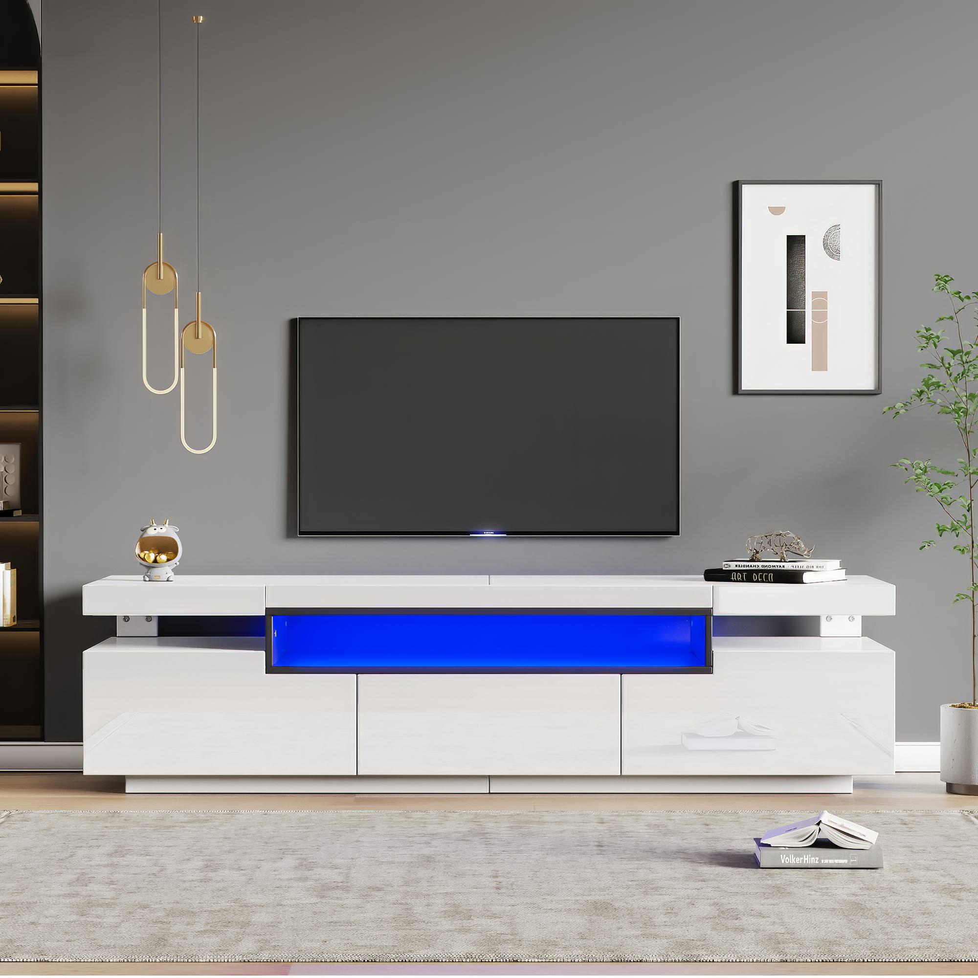 Eleganter TV-Unterschrank für TV 70-79 Zoll mit LED-Beleuchtung und 3 Schubladen, Weiß