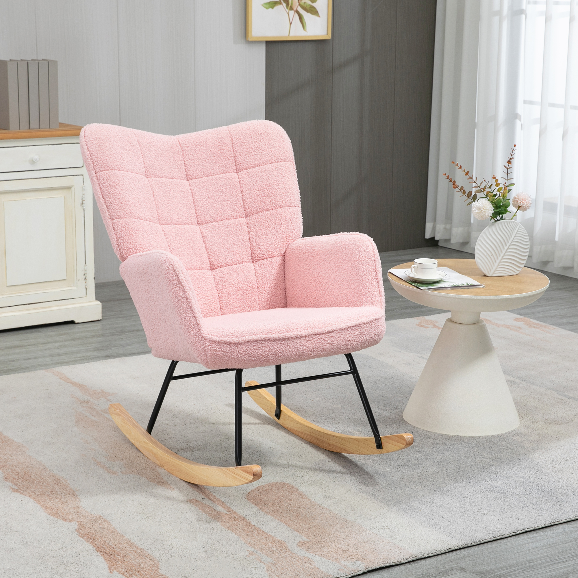 Schommelstoel in retro design, relaxfauteuil, massief hout, roze