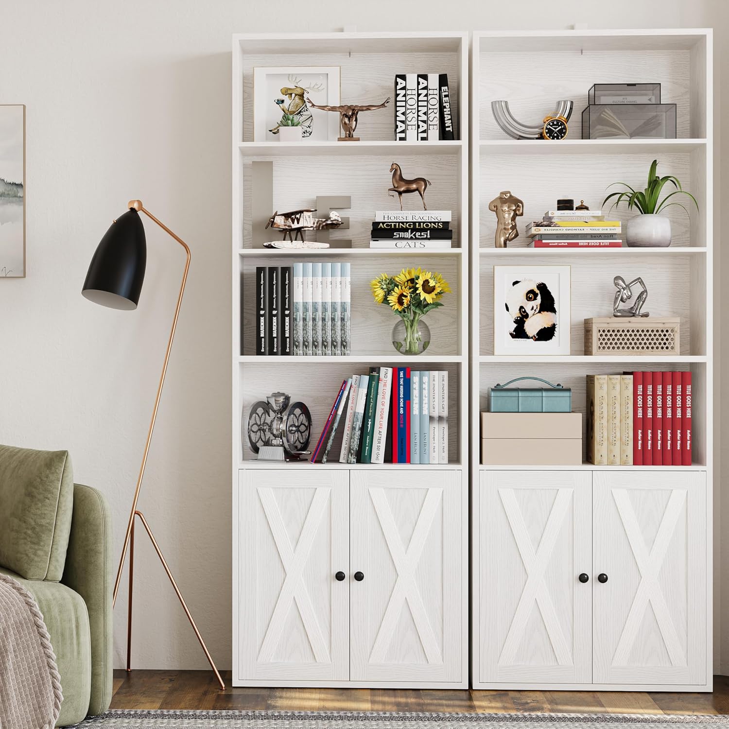 IRONCK Industrial Bookshelves and Bookcases with Doors Set of 2 Floor Standing 6 Shelf Display Storage Shelves 70 in Tall Bookcase for Home Office, Living Room