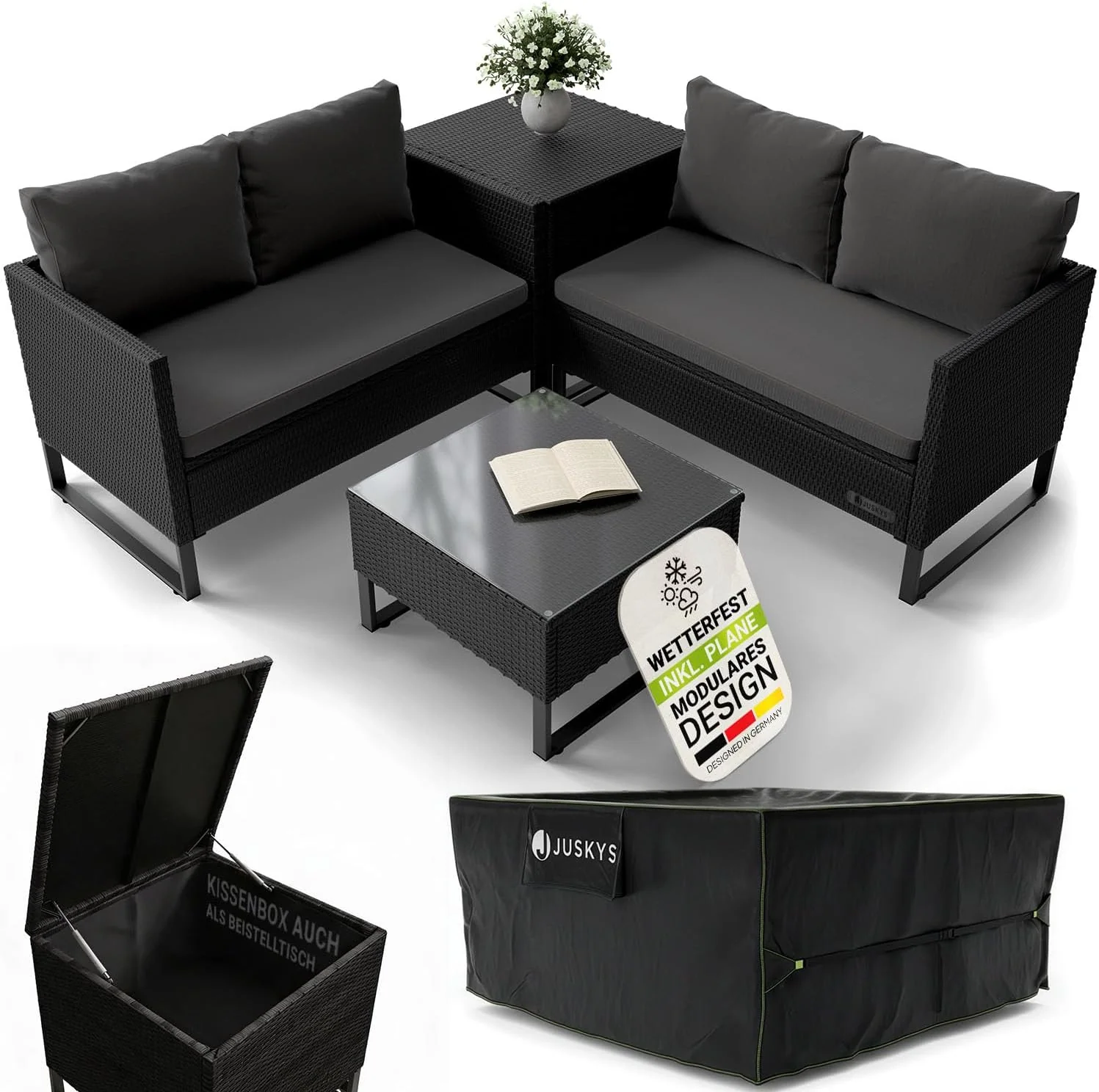 Juskys Outdoor Polyrattan Lounge Santorini inkl. Abdeckung, Gartenlounge mit Beistelltisch & Auflagenbox, Gartenmöbel Set Rattan Sitzecke wetterfest