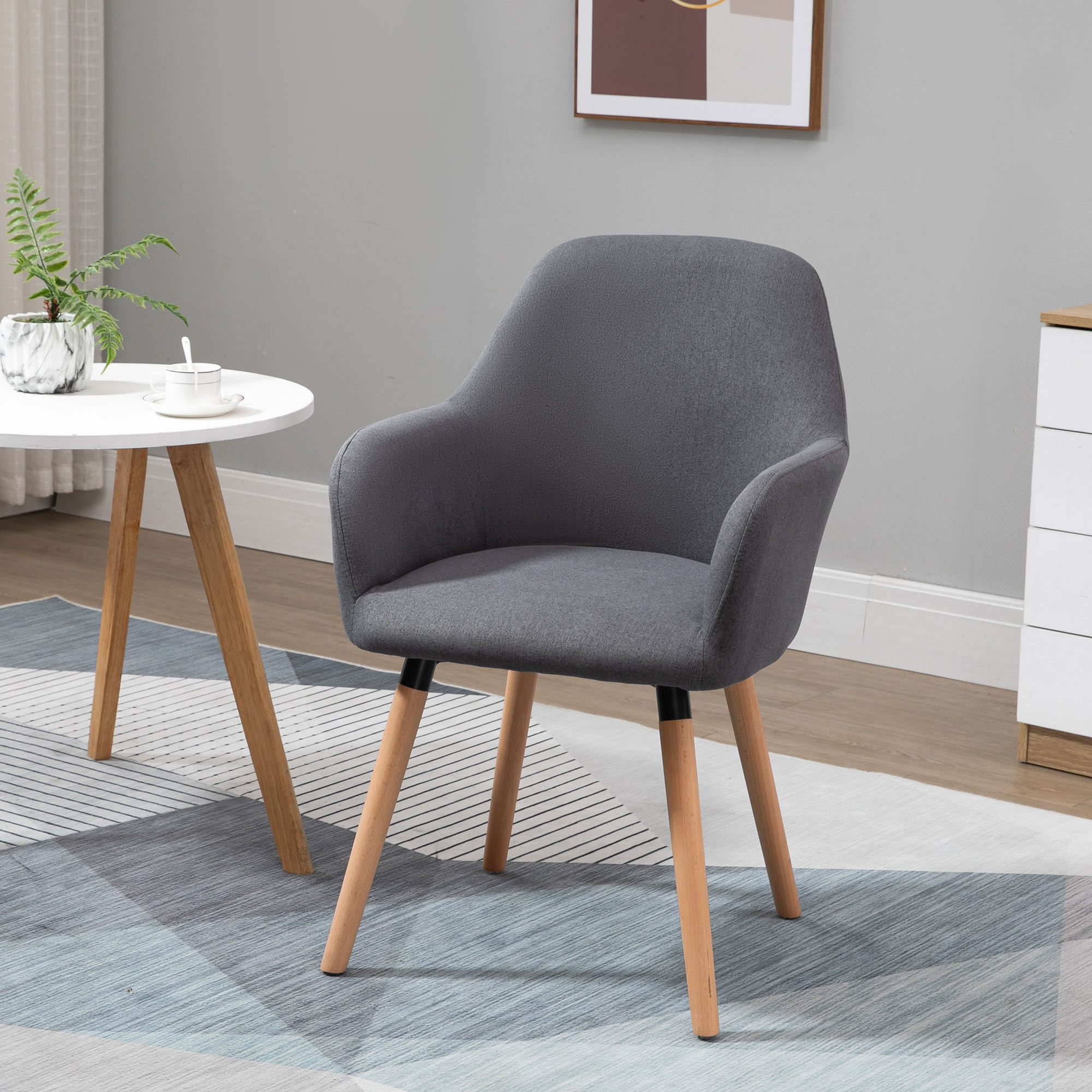 HOMCOM Esszimmerstuhl Wohnzimmerstuhl Bürostuhl Polsterstuhl Sessel mit Rückenlehne Anti-Rutsch Leinenstoff Schaumstoff Buchenholz Dunkelgrau+Natur 56 x 60 x 85 cm