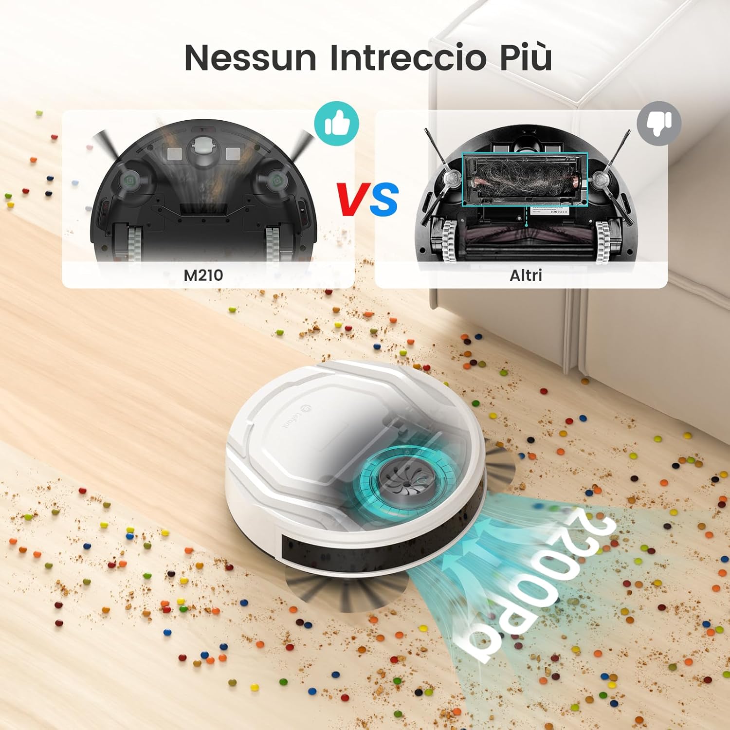 Lefant Robot Aspirapolvere con 2200Pa, Senza Grovigli,7,6cm Ultra Sottile,Autocaricante,Wi-Fi/App/Alexa,120 Minuti,6 Modalit脿 di Pulizia,Ideale per Peli di Animali Domestici,Pavimenti Duri M210-Pro