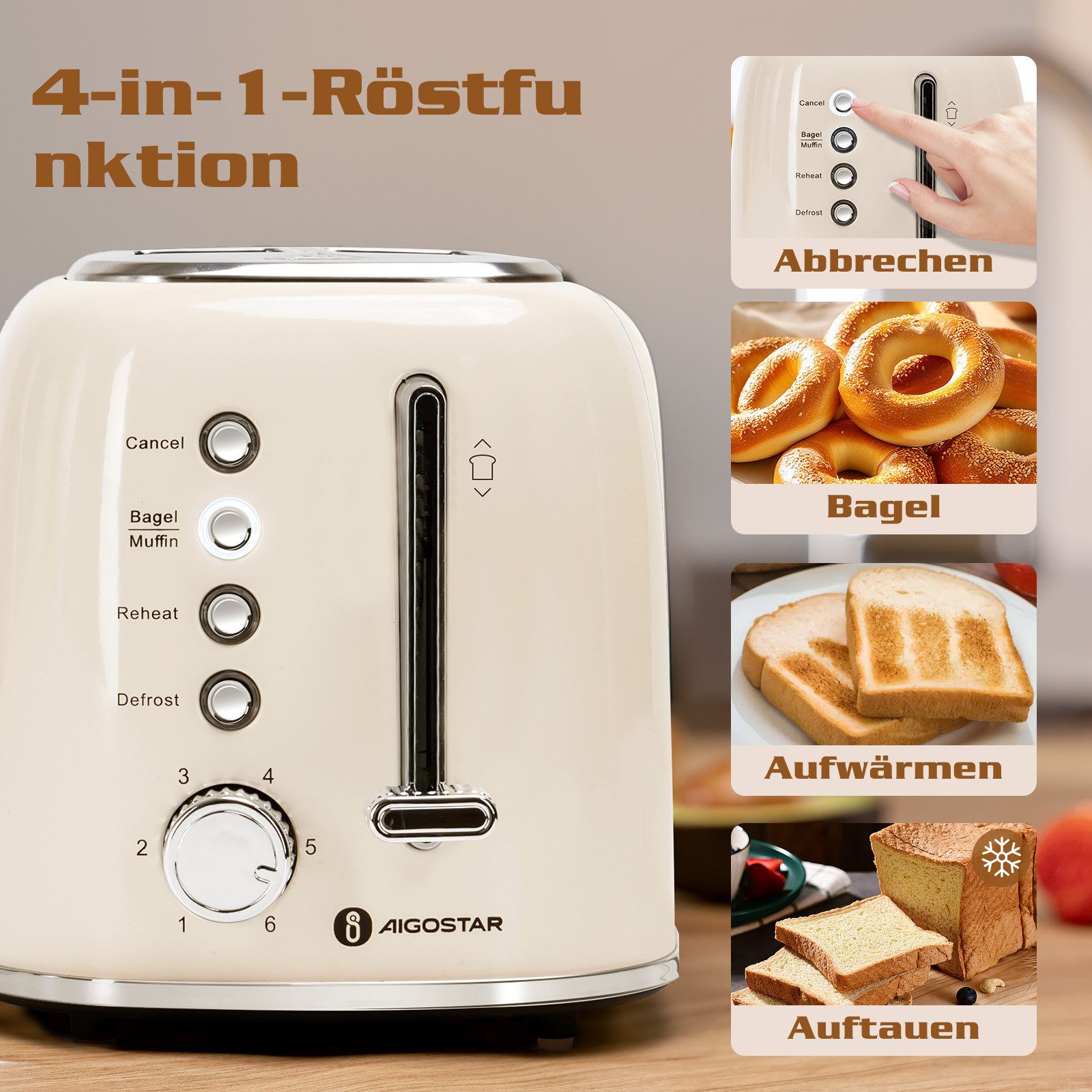 Toaster Retro Edelstahl Toaster, 4 Funktionen, 6 Bräunungsstufen