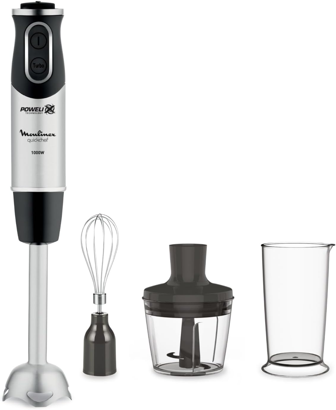 Moulinex DD6578 Quickchef 2in1 Frullatore a Immersione, 1000 W, Mixer con Tecnologia Powelix e 10 Velocità, 2 Accessori, Bicchiere 800 ml e Tritatutto 500 ml, Lame in Acciaio Inossidabile