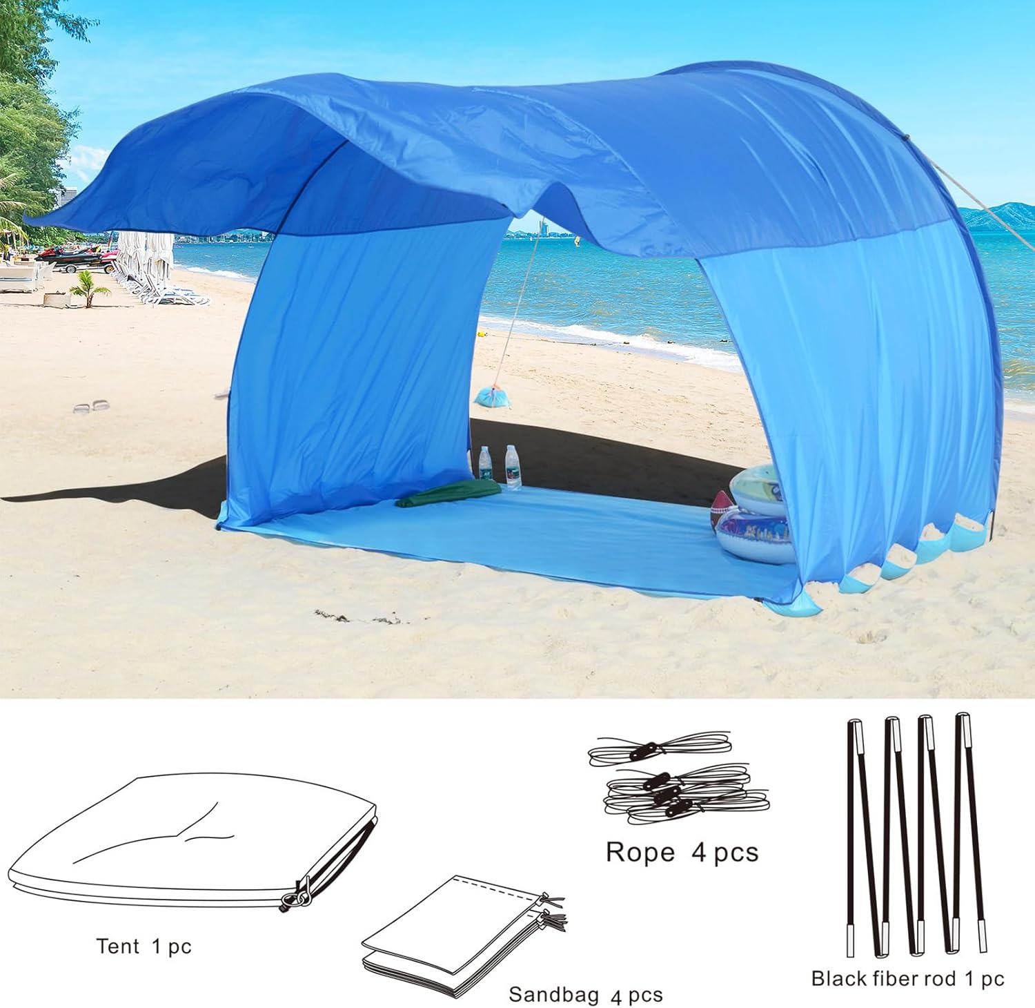 TOMSHOO Strandmuschel, Quick-Up Strandzelt für 4–6 Personen, Schnell aufbaubares Beach Tent mit windstabiler Konstruktion, großer Innenraum, Mehrpunkt-Befestigung, tragbar für Strand, Camping & Park