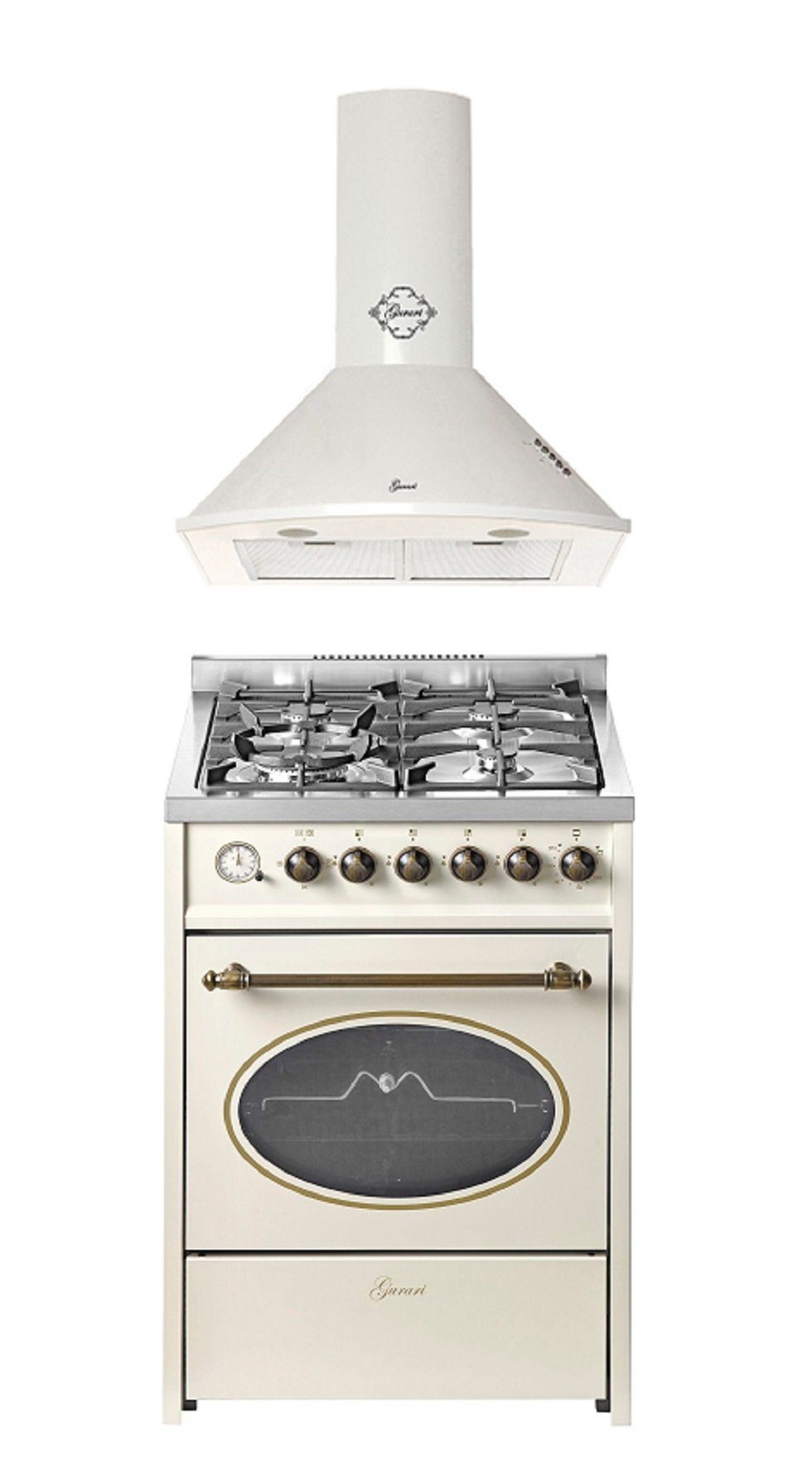 Gas-Standherd Standherd 60 cm Erdgas Fl.Gas 4 Kw WOK, Gasgrill mit Dunstabzugshaube 60 cm Weiß Saugstark 1000m³/h GCH G 614 CR+GCH 046 WH N