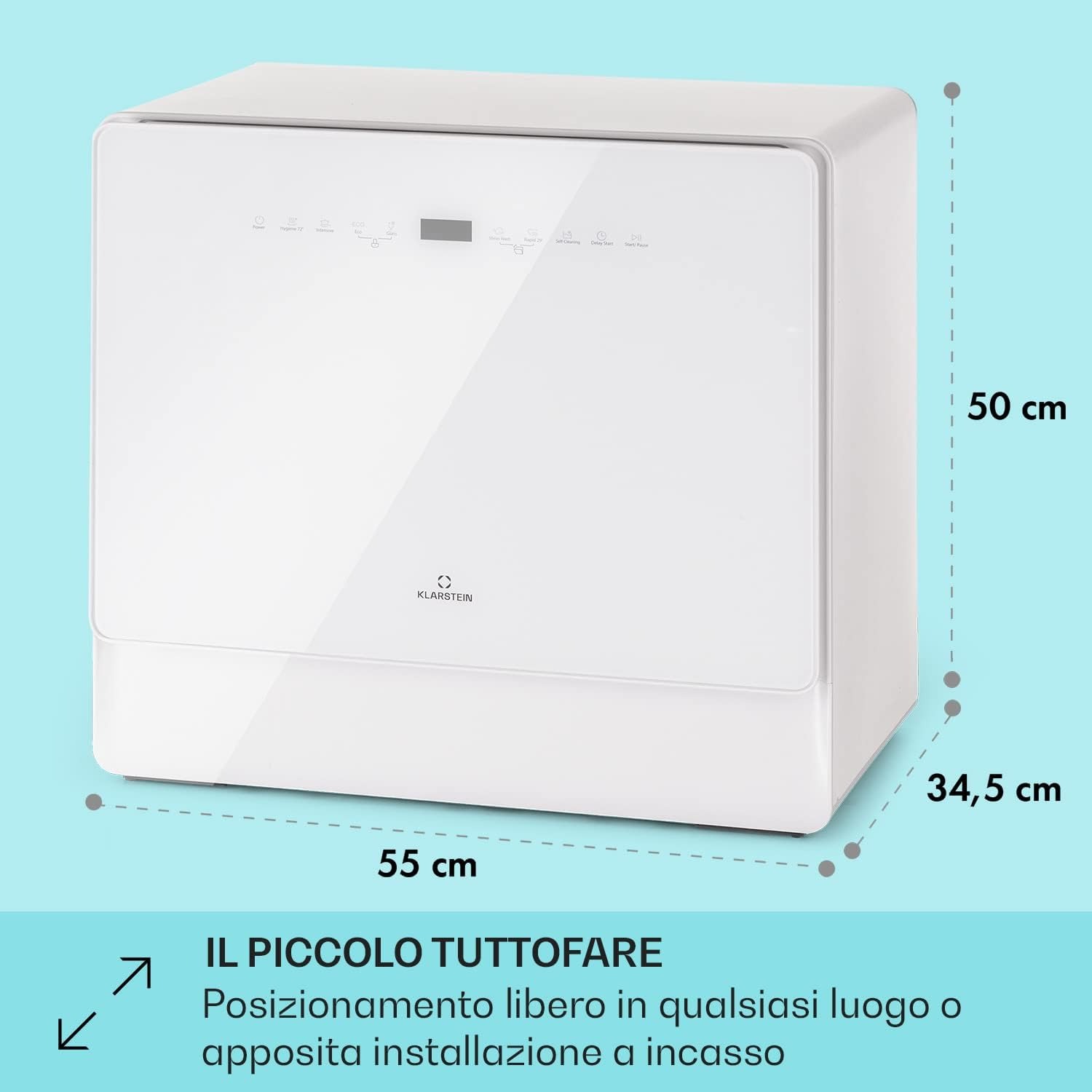 Klarstein Lavastoviglie 5 Coperti, Libera Installazione Silenziosa con 6 Programmi di Lavaggio, Piccola, Mini da Tavolo Compatta e Facile da Installare, Vetro, Bianco