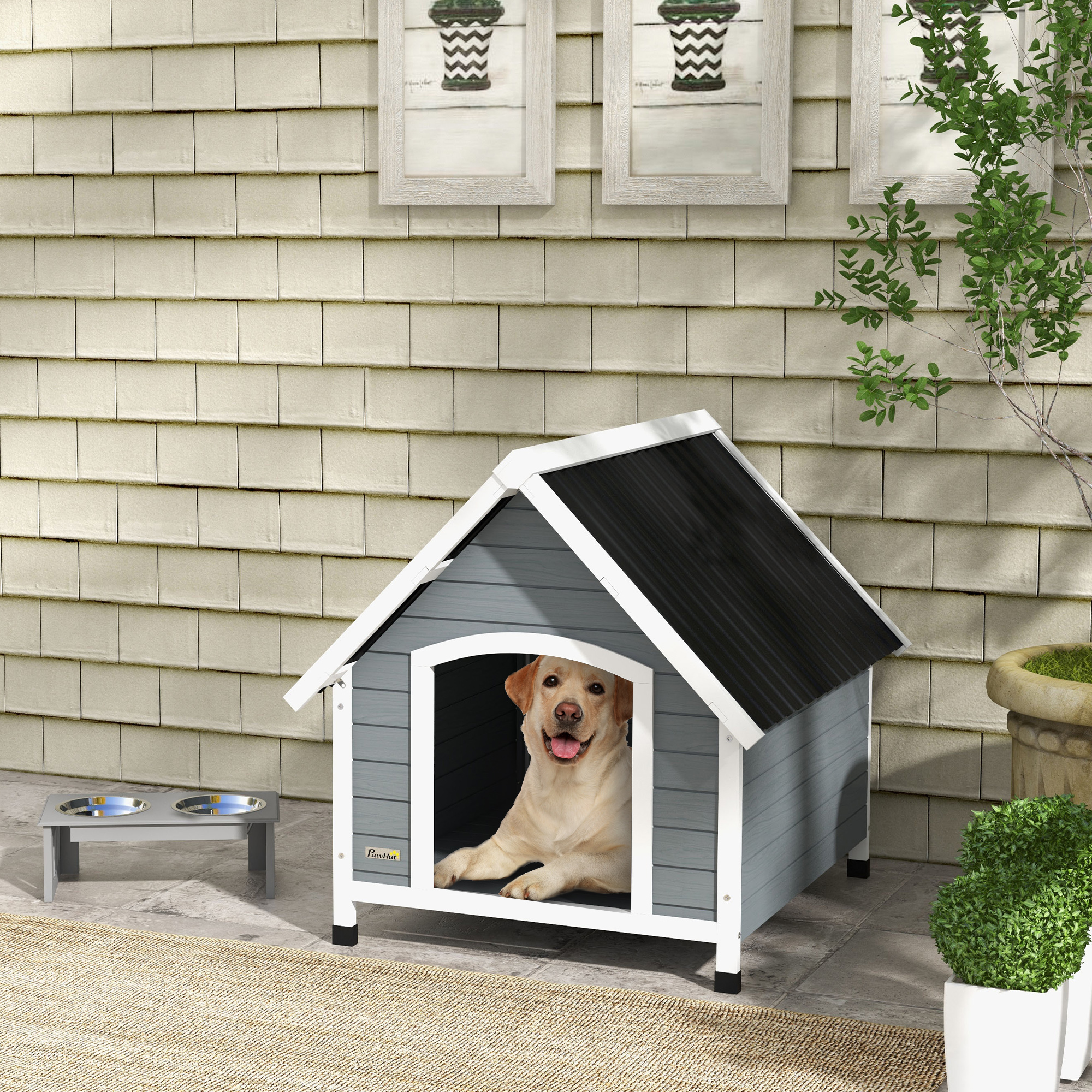 PawHut Hundehütte aus Holz für draußen mit herausnehmbarem Boden, erhöhter Holzunterschlupf für Hunde 84 x 99 x 87 cm Grau