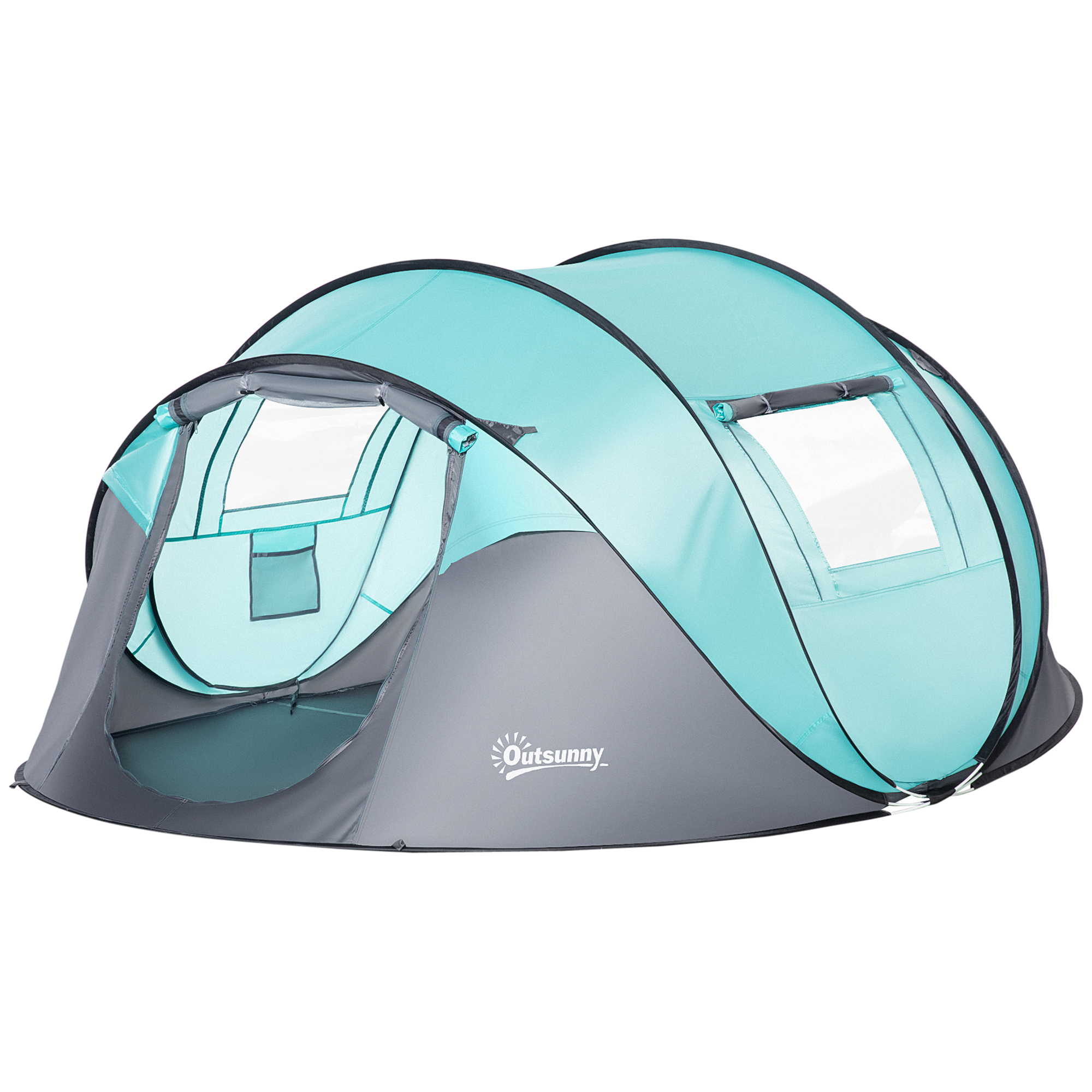Outsunny Campingzelt Pop-Up für 4 Personen, wasserdichtes Kuppelzelt, leicht und belüftet, einfach aufzubauen mit 2 Fenstern und 2 Türen, Transporttasche inklusive, Maße 286L x 209B x 122H cm, Polyester in Blau und Hellgrau