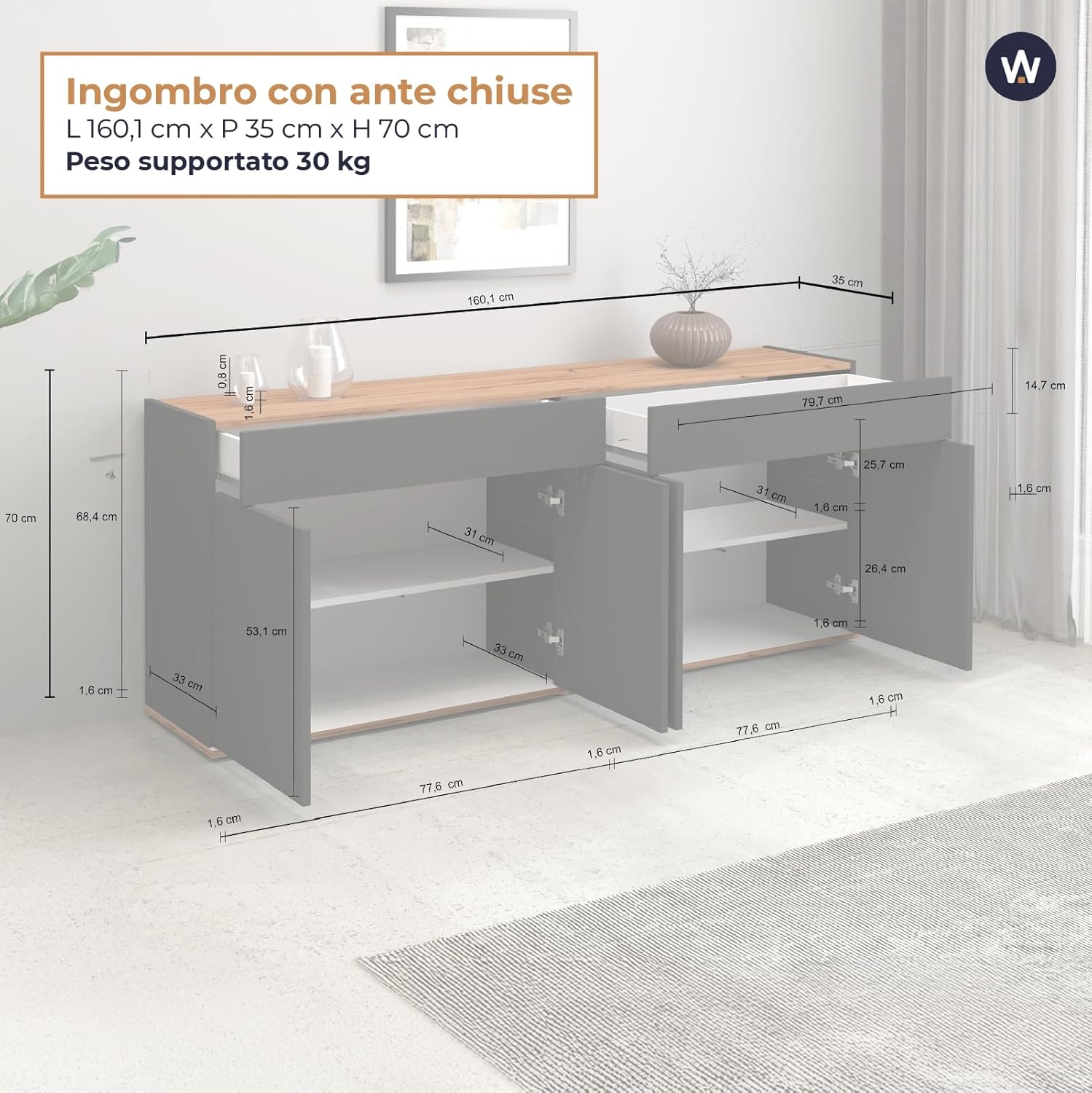 WHOUS Credenza e Buffet GARDA per Soggiorno con 2 Cassetti e 4 Ante, Madia per Salotto, Cucina e Sala da Pranzo in Legno, 160,1x35x70 cm, Antracite Opaco e Rovere