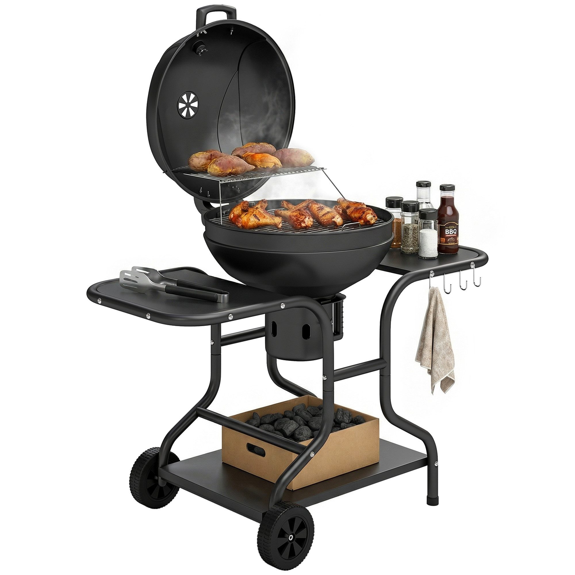 Holzkohlegrill mit Seitentischen, Deckel, Thermometer, Räder