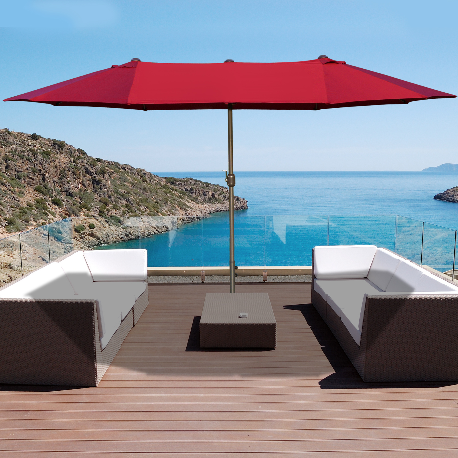Outsunny Sonnenschirm XXL Gartenmaß 4,6L x 2,7B x 2,4H m Öffnung und Schließung mit Kurbel Fuß & Gegengewicht inklusive Stahl Polyester mit hoher Dichte Sandsäcke und Sonnenschirmfuß inklusive Bordeaux