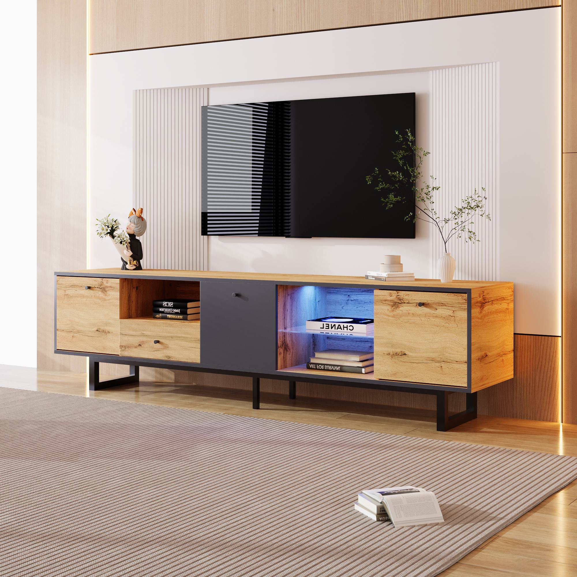 Lowboard TV-Schrank mit LED-Beleuchtung, Glastrennwänden und Pufferscharnieren im modernen Design, Holzfarbe