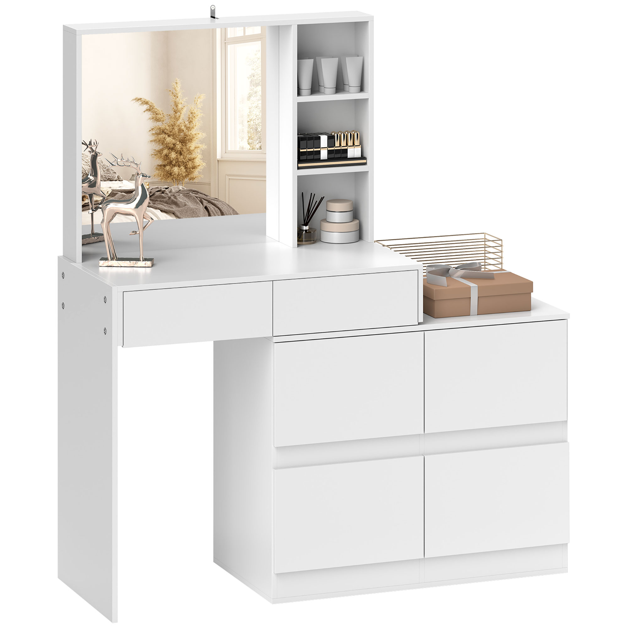 Kaptafel, Makeup-Tafel met Grote Spiegel, 4 Laden, 3 Open Vakken, 2 Kasten, MDF, Wit
