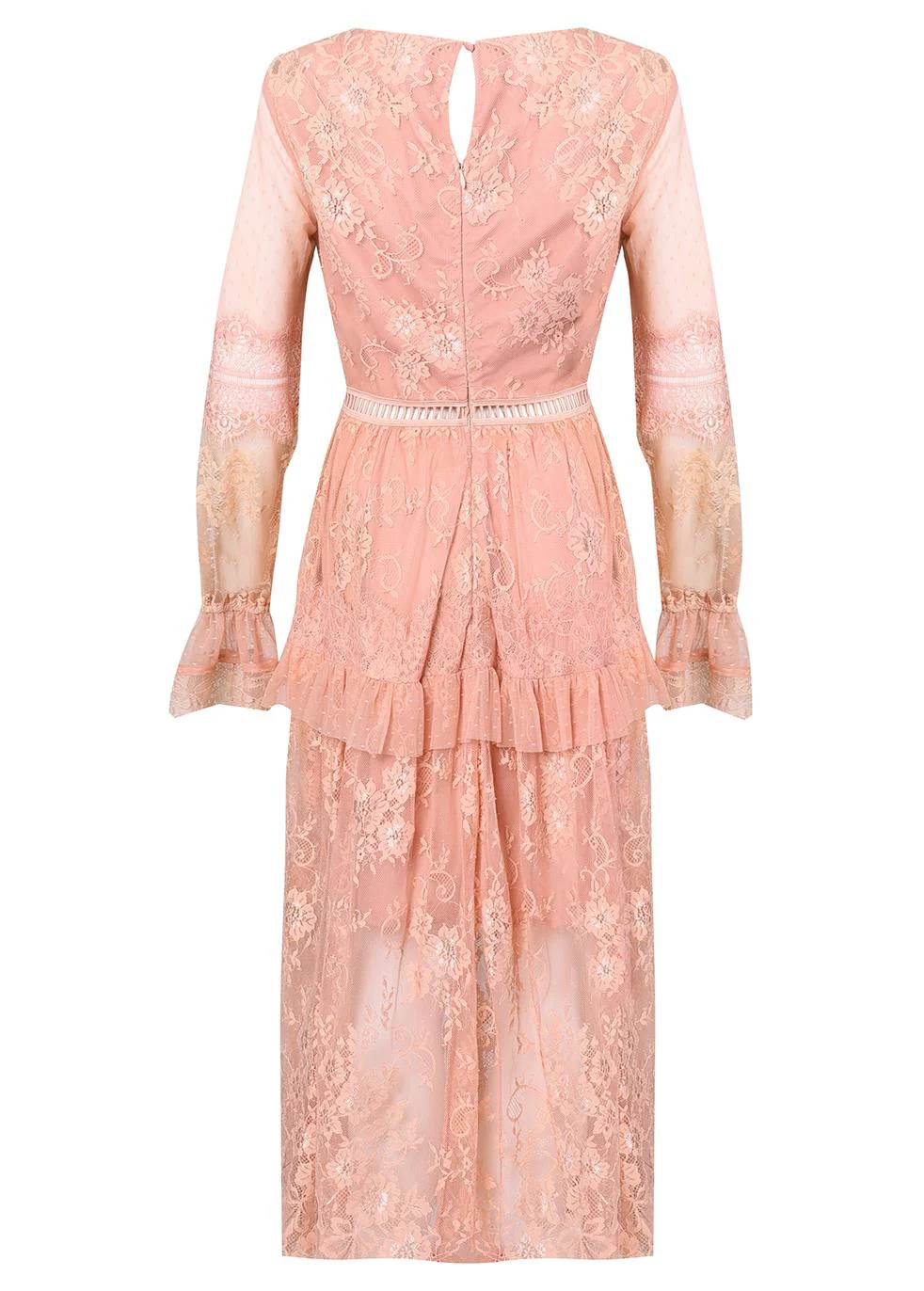 Emmie Dusty Peach V-Neck Lace Midi Dress