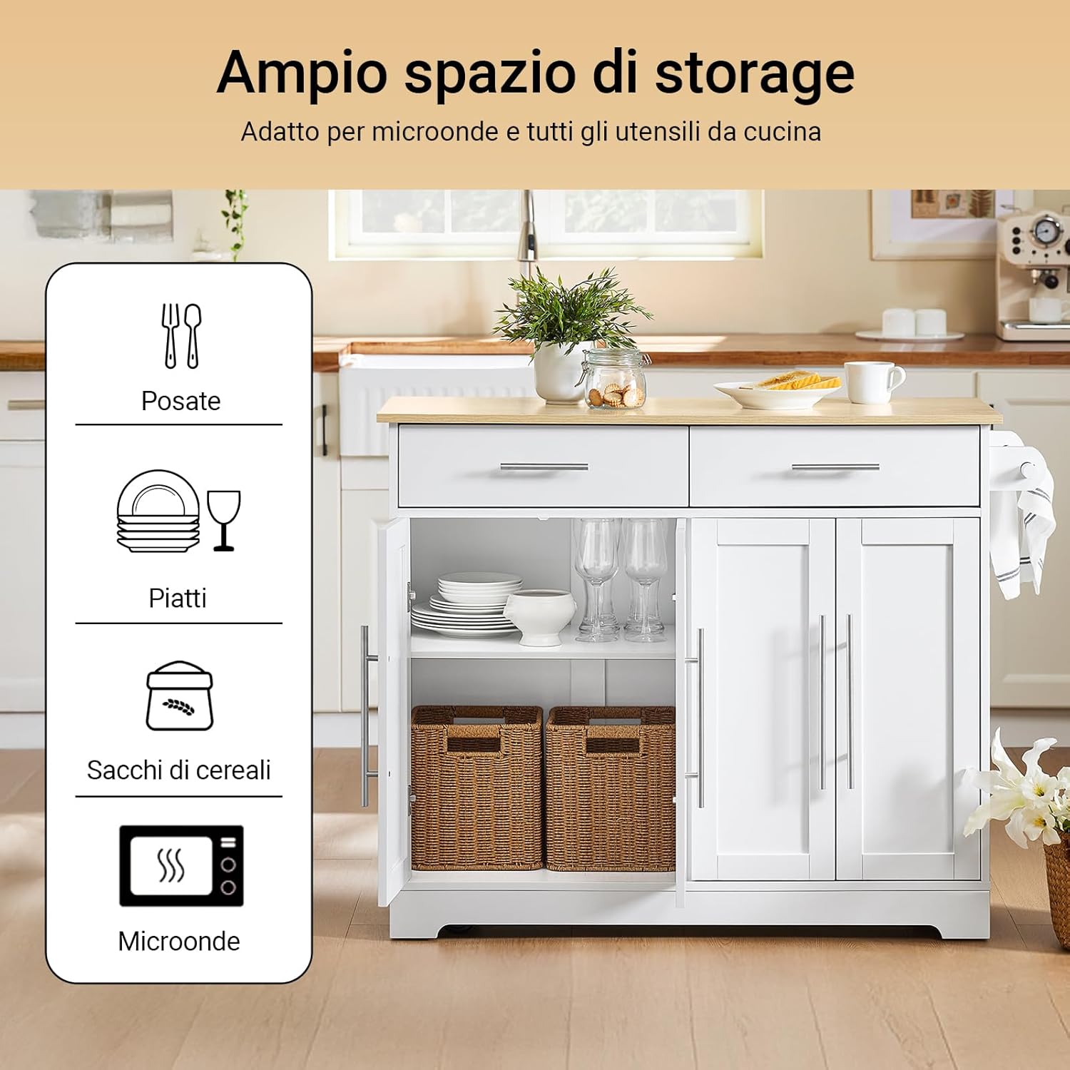 SoBuy Carrello Cucina con Ruote, Isola Cucina con Piano di Lavoro Estensibile in Legno, 2 Cassetti e Ripiani Regolabili Credenza Cucina Salvaspazio Penisola Cucina Bianco 113x(44-69) x91 FKW129-WN