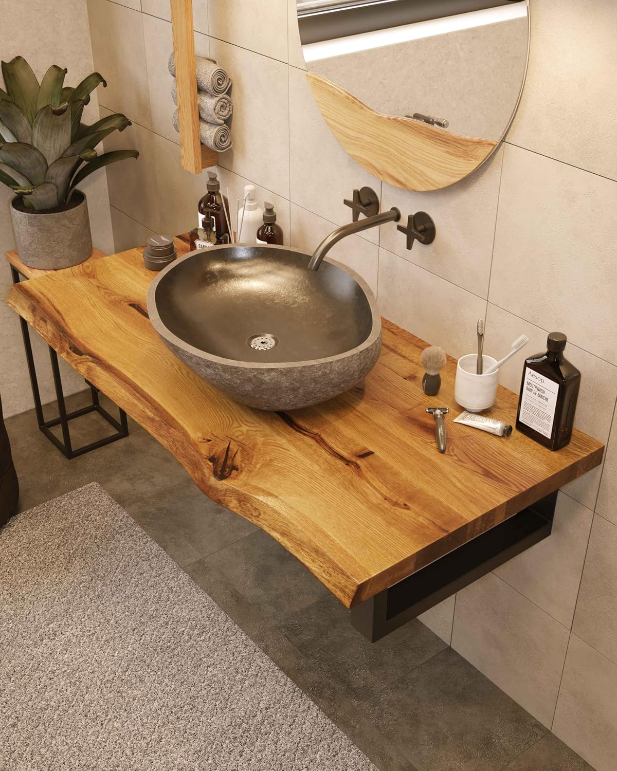 BestLoft Waschtischplatte Holz (Länge: 60 cm/Breite: 40-45 cm) Waschtisch Holz Eichenbrett Massiv 40 mm dick Tischplatte Baumkante Waschplätze