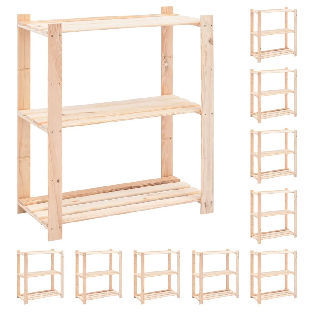 Scaffali di stoccaggio 3 ripiani 10 pz 80x38x90 cm Legno massello di pino 150 kg