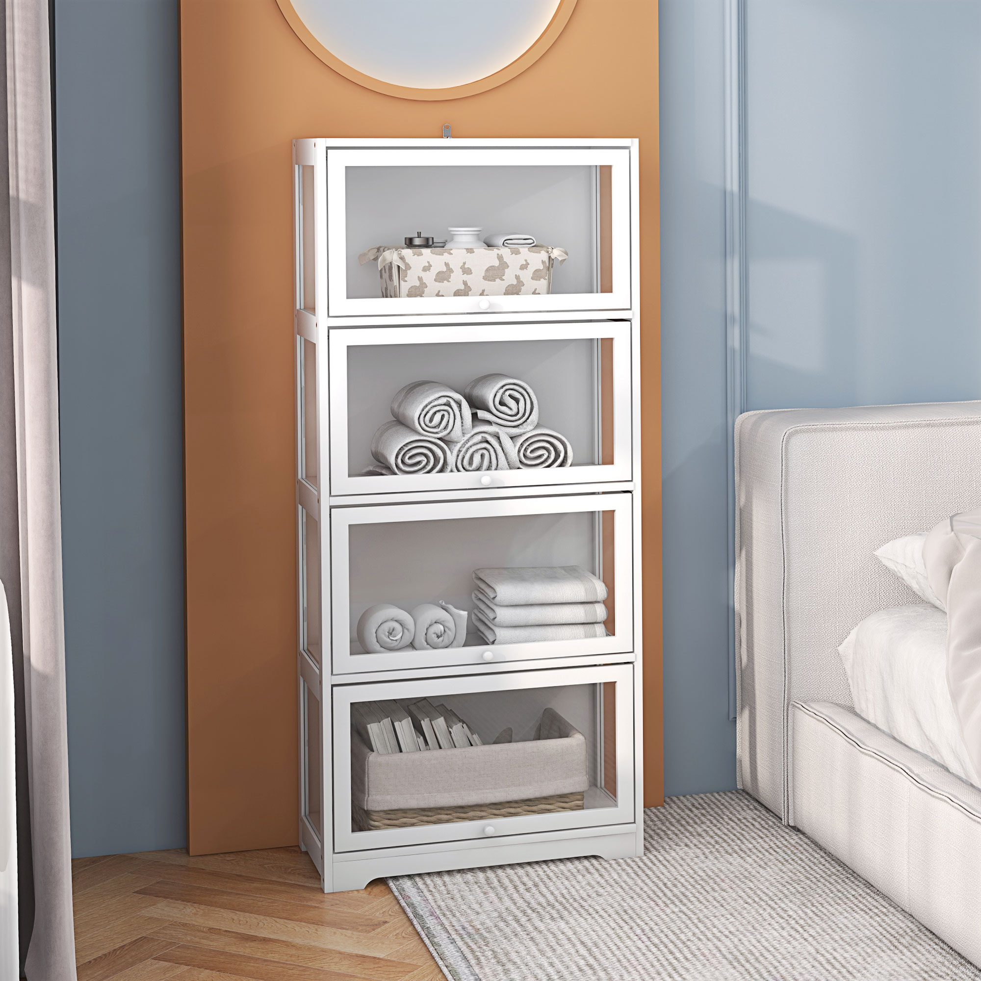HOMCOM Vitrine für Sammler Buffet Wohnzimmer Aufbewahrungsmöbel mit 4 Ebenen und abklappbaren Türen, 59 x 30 x 139 cm, weiß