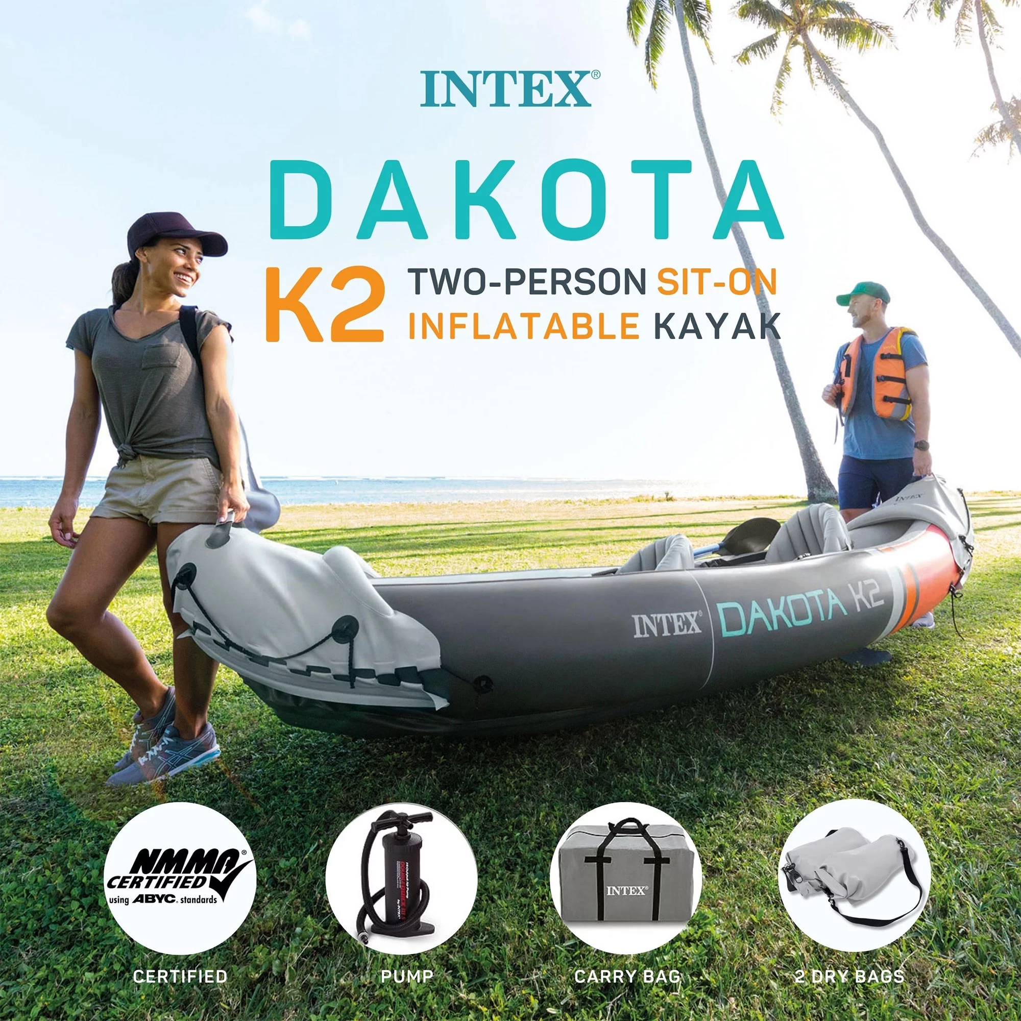 2025 Intex Dakota K2 Kayak inflable de vinilo para 2 personas, con remos y bomba – Caja abierta