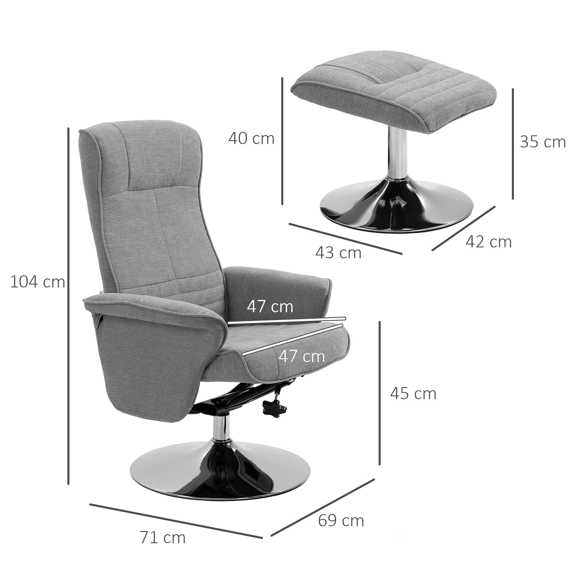 Relaxstoel met Voetenbank, Draaibaar, Kantelbare Rugleuning, Belastbaar tot 150 kg, 69 x 71 x 104 cm, Grijs