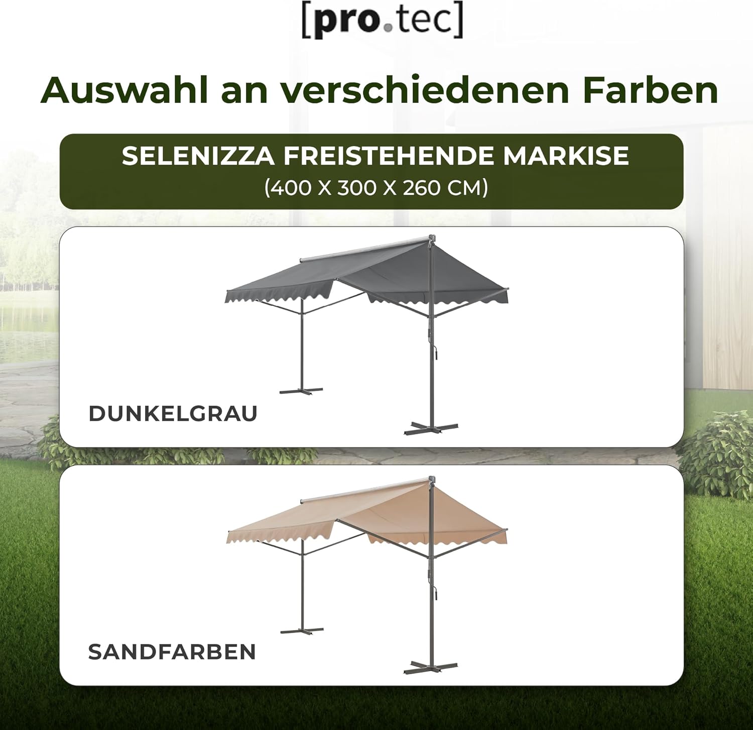 pro.tec Standmarkise Selenizza freistehende Markise 400x300x260cm Gartenmarkise Sonnenschutz Terrassenüberdachung Outdoor Terrasse Garten Balkon Dunkelgrau