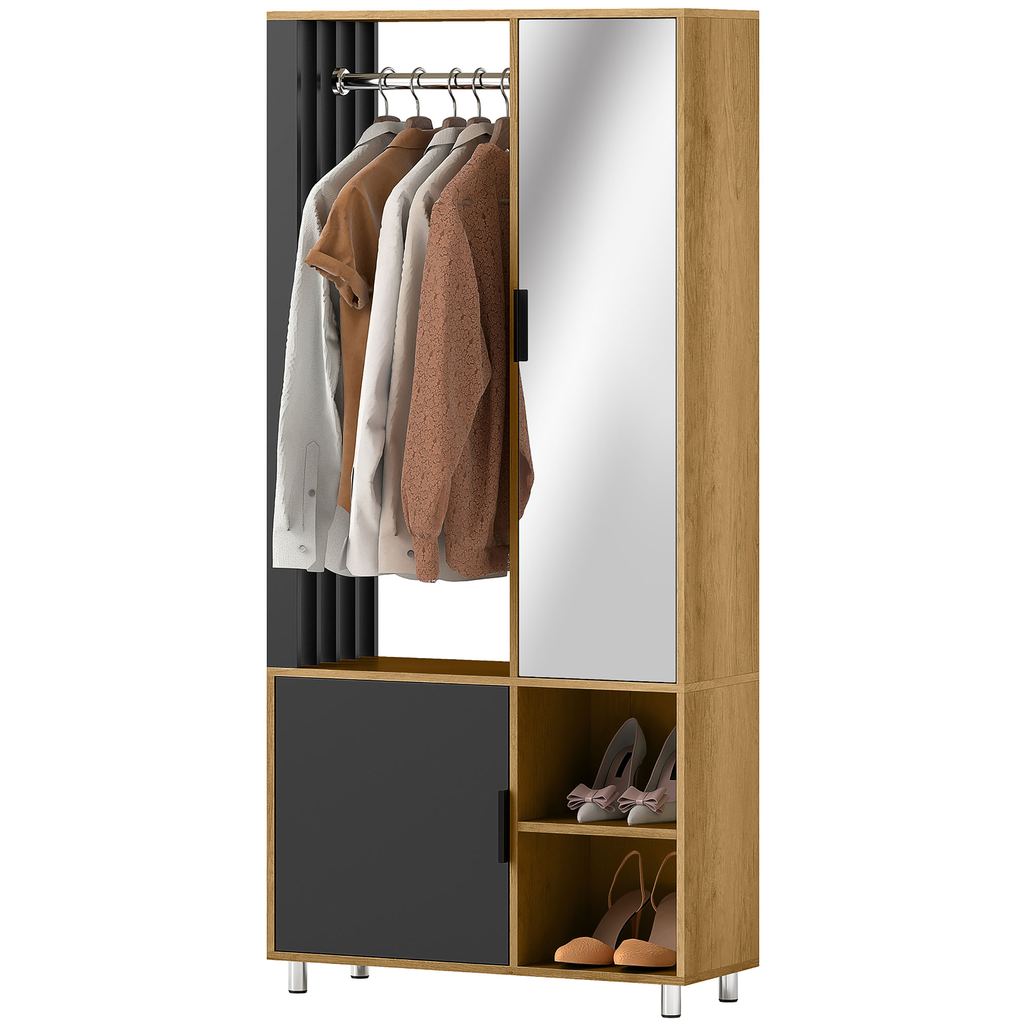 HOMCOM Kleiderschrank mit Spiegel und Hängestange, Aufbewahrungsfächer, offene Ablageflächen, Naturholz, Schwarz