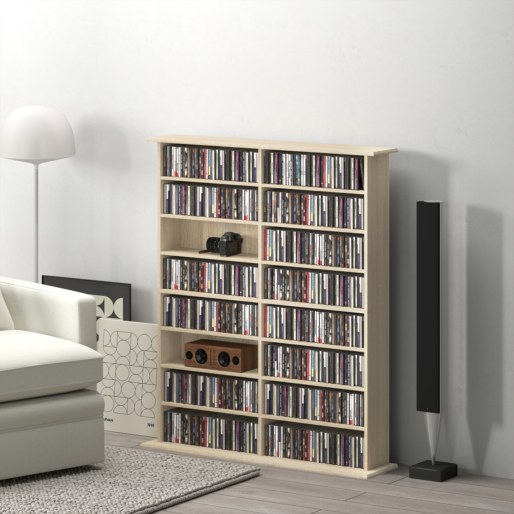 HOMCOM CD- und DVD-Aufbewahrung mit 16 Fächern und 12 verstellbaren Regalen, max. Kapazität 720 CD/396 DVD und Blu-ray Naturholz