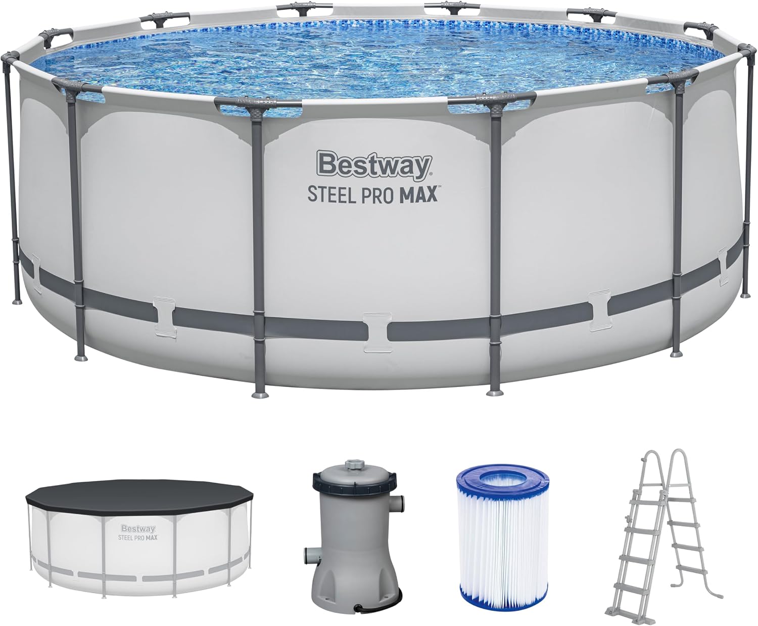 Bestway® Steel Pro MAX™ Aufstellpool Komplett-Set mit Filterpumpe Ø 366 x 122 cm, lichtgrau, rund