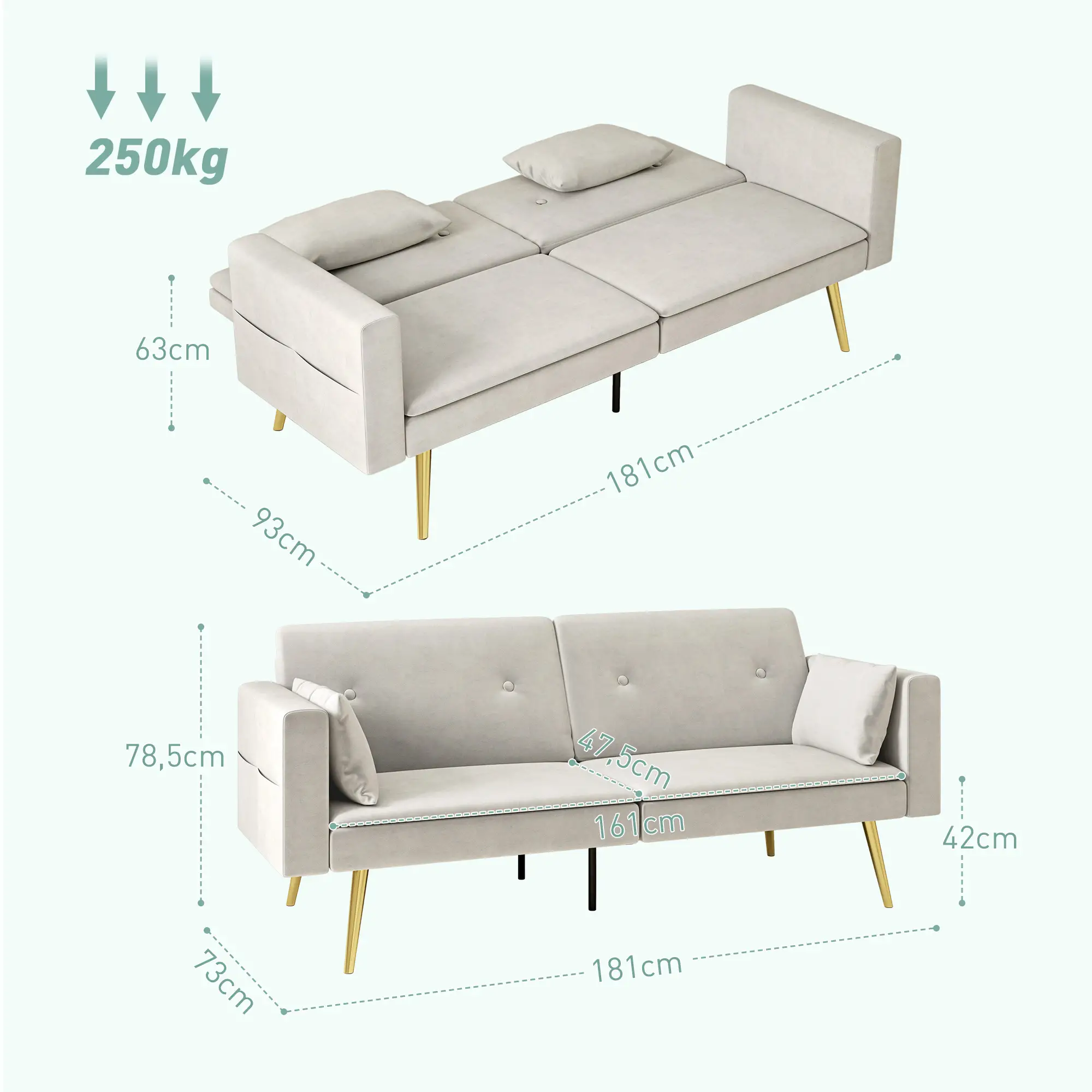 HOMCOM Schlafsofa 2-Sitzer mit 3-fach verstellbarer Rückenlehne, Seitentasche