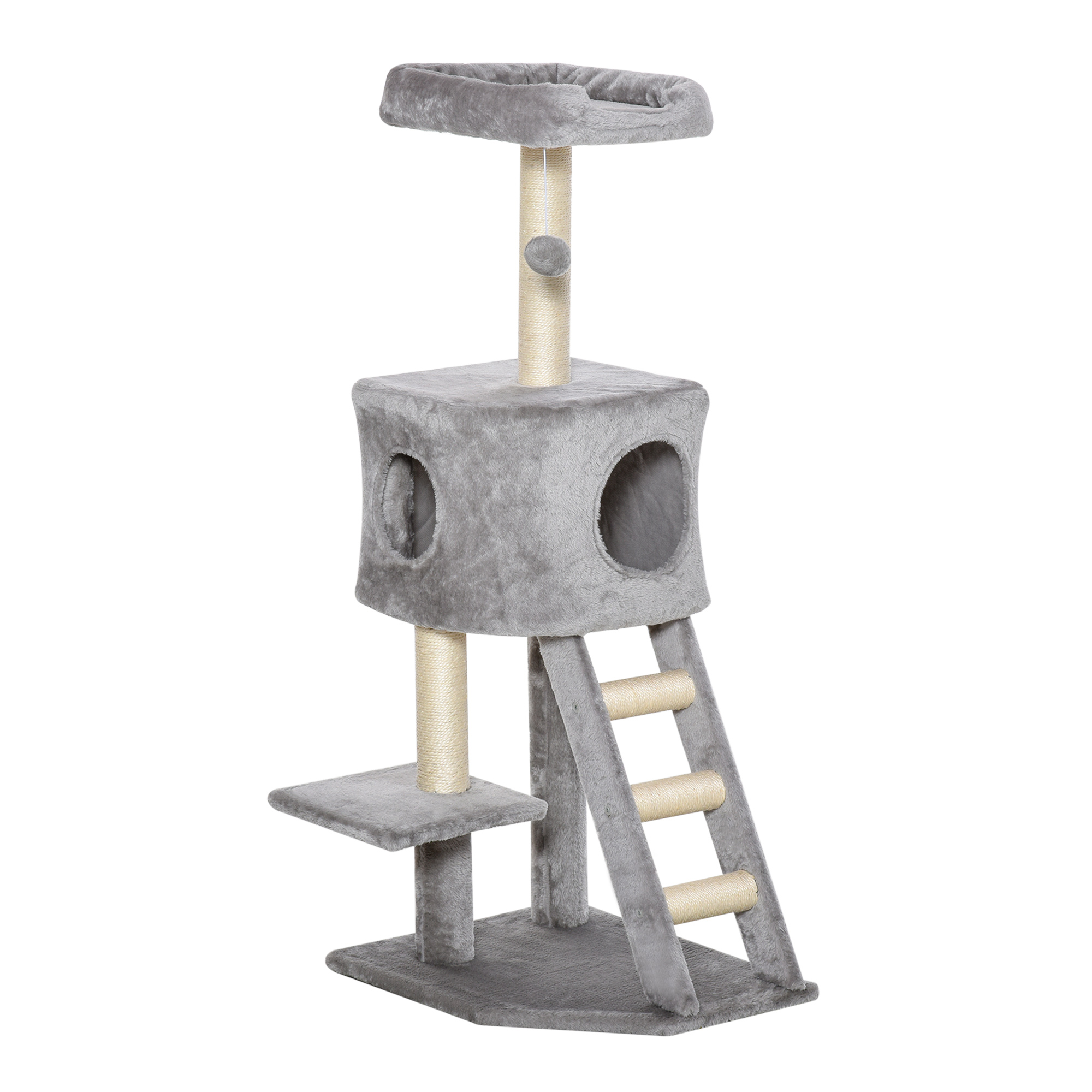 PawHut Kratzbaum 120 cm Katzenturm mit Höhle, Spielball, Sisalstämme,  Plattform, Treppe, mehrstöckiger Katzenkratzbaum, Kletterbaum für Katzen, Hellgrau