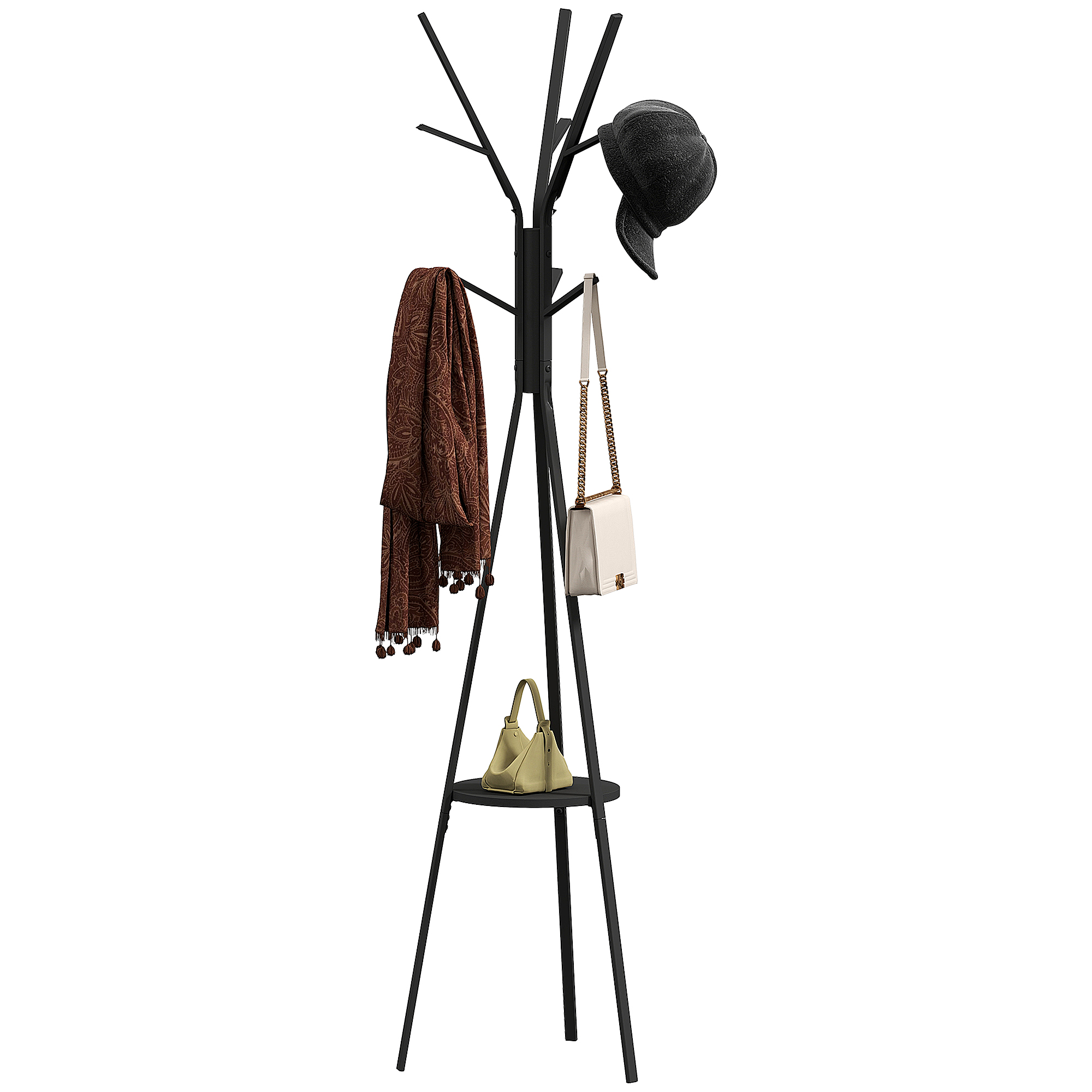HOMCOM Garderobenständer, Kleiderständer mit 8 Haken, Garderobe mit Ablage, Standgarderob für Kleidung, Hüte, Taschen, Metall, Schwarz, 45 x 45 x 180 cm
