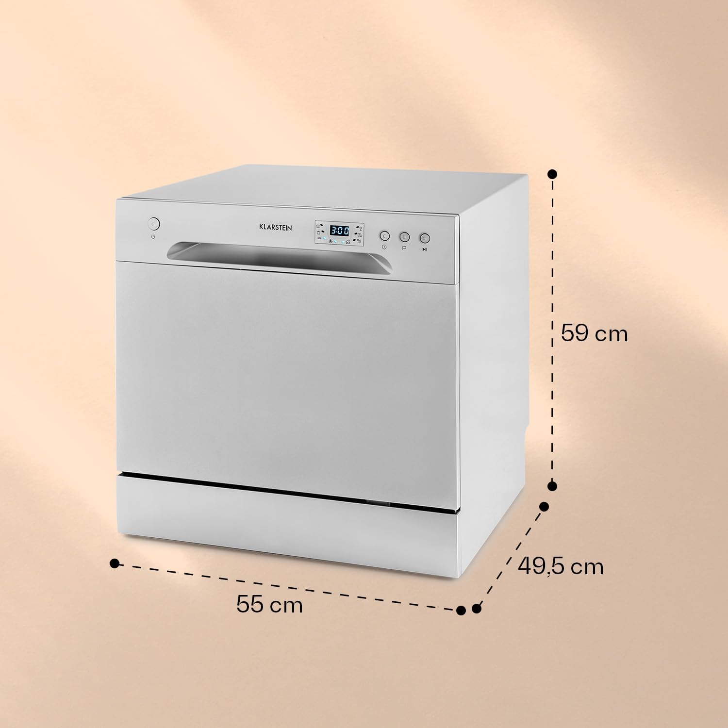 Klarstein Amazonia 8 - Mini Lavastoviglie, Classe A+, 1620 Watt, Posizionamento Libero, 6 Programmi, 2 Ripiani per Posate Estraibili, Aquastop, Tubo di Scarico Preinstallato, Argento