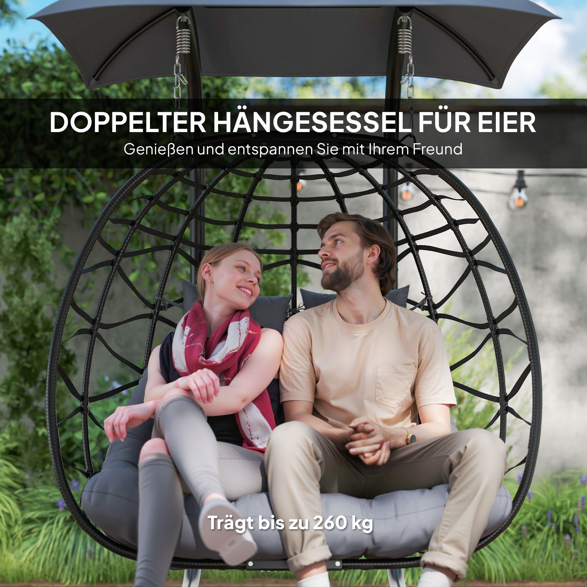 Hangstoel, Opvouwbare Mandstoel met Kussen, Stalen Frame, Zonnedak, tot 260kg Belastbaar, Donkergrijs