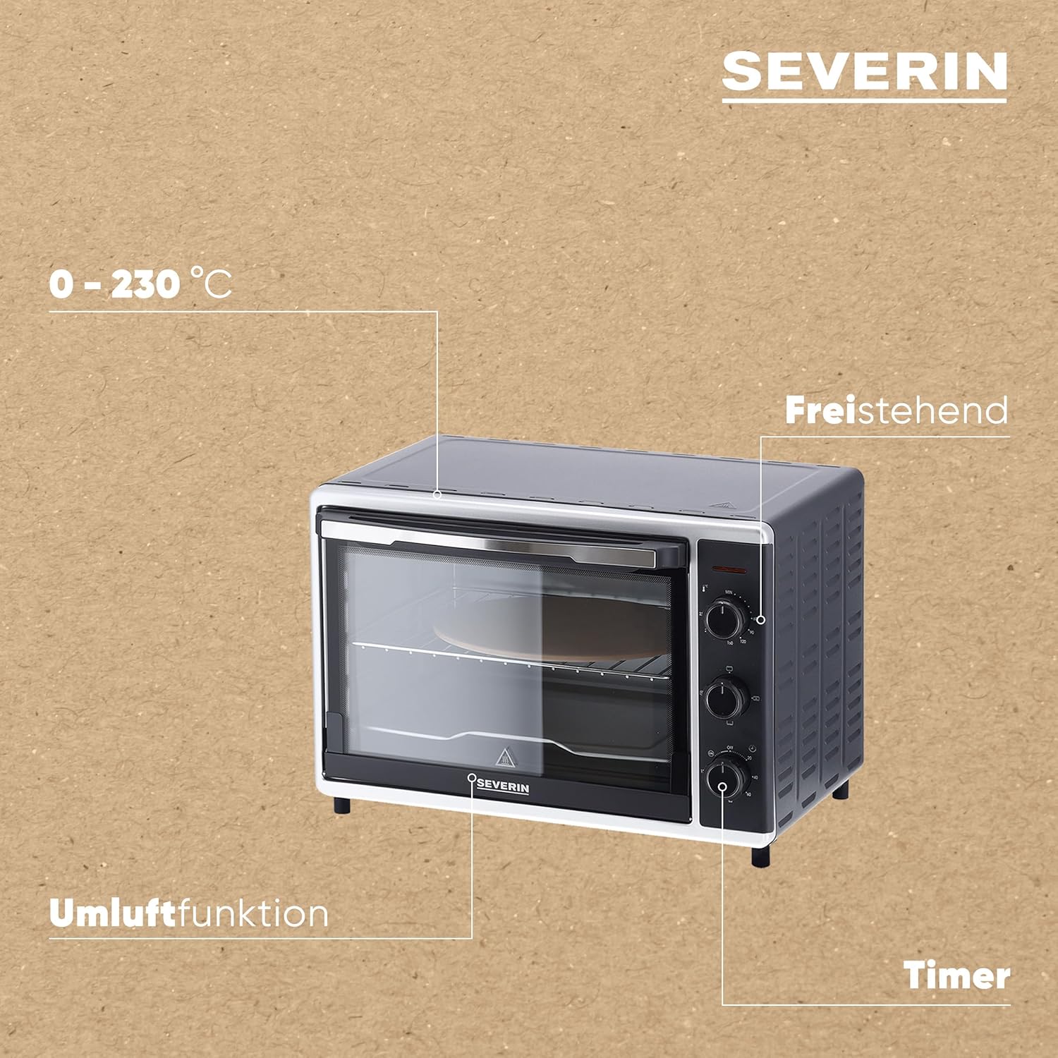 SEVERIN Back- und Toastofen mit Umluftfunktion, Mini Backofen mit Grillrost, Backblech, Drehspie und Pizzastein, vielseitiger Heiluftofen mit 42 L Kapazitt, 1.800 W, schwarz, TO 2058