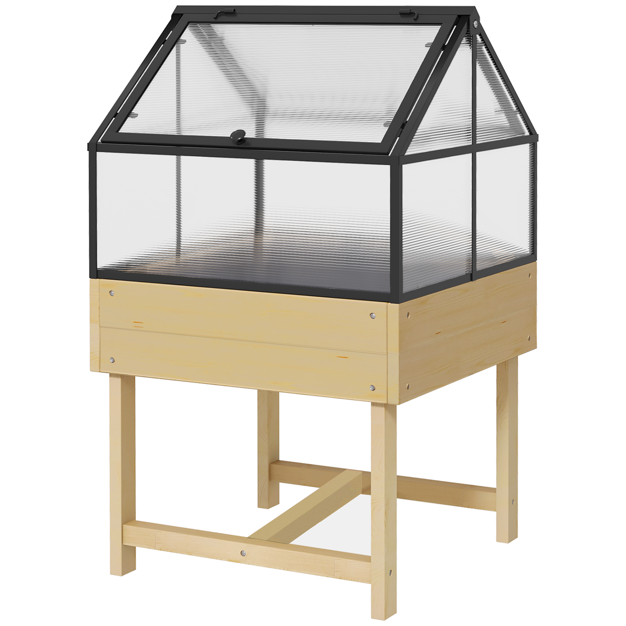 Outsunny Mini Gewächshaus auf Beinen Maße 60L x 57B x 103H cm doppeltes öffenbares Dach aus Polycarbonat, Stahl, behandeltes Tannenholz