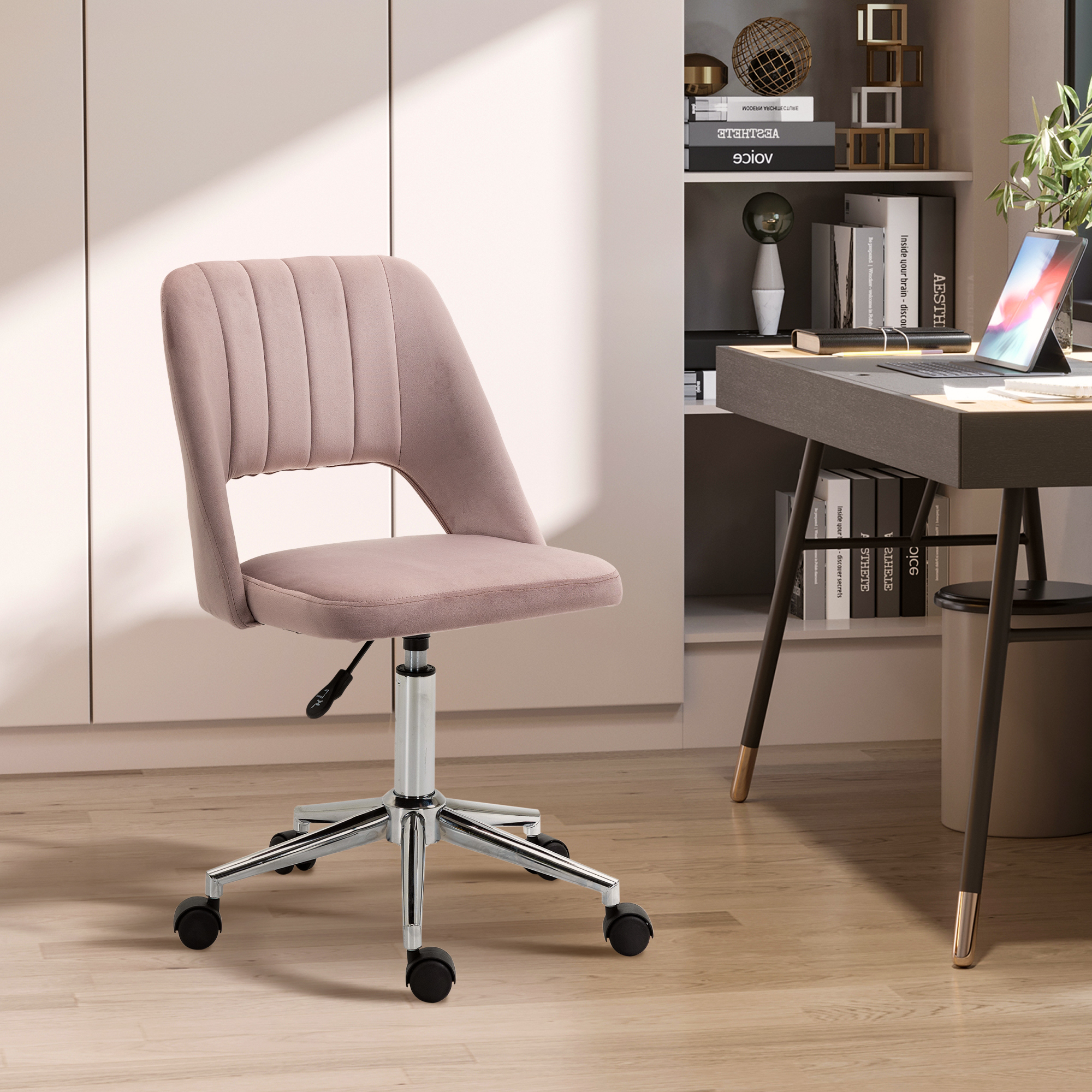 Vinsetto Bürostuhl zeitgemäßes Design drehbar 360° ergonomisch gerippte belüftete Rückenlehne höhenverstellbarer Samtbezug 49 x 60 x 91 cm rosa