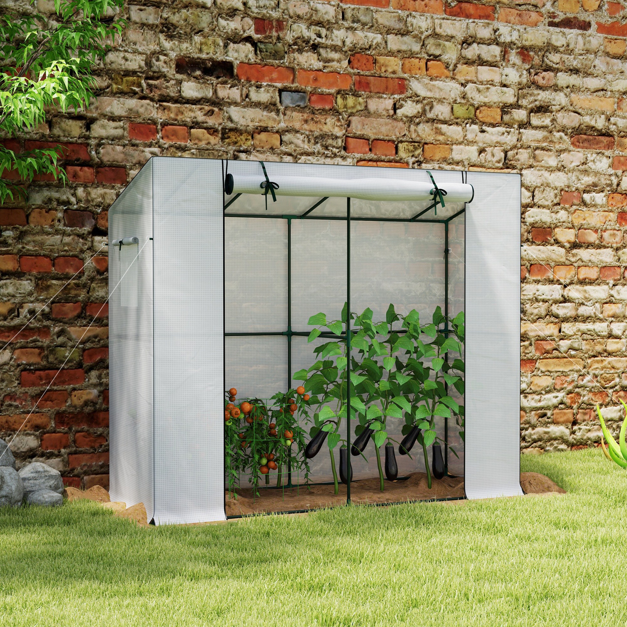 Outsunny Mini-Gewächshaus, Anlehn-Gewächshaus mit Rolltür und Netzfenstern, UV-beständig, für Blumen, Setzlinge, Pflanzen, Weiß