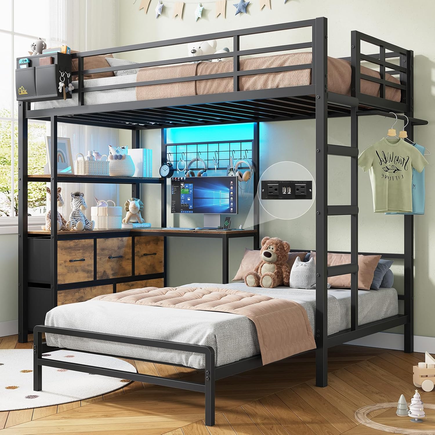 DICTAC Bunk Bed with L-Shaped Desk,5 Storage Drawers and 2 Shelves Metal Twin XL Over Twin Bunk Bed with LED Lights and Charging Station,bunk Beds with Safety Guardrail & Ladder,Space-Saving,Black