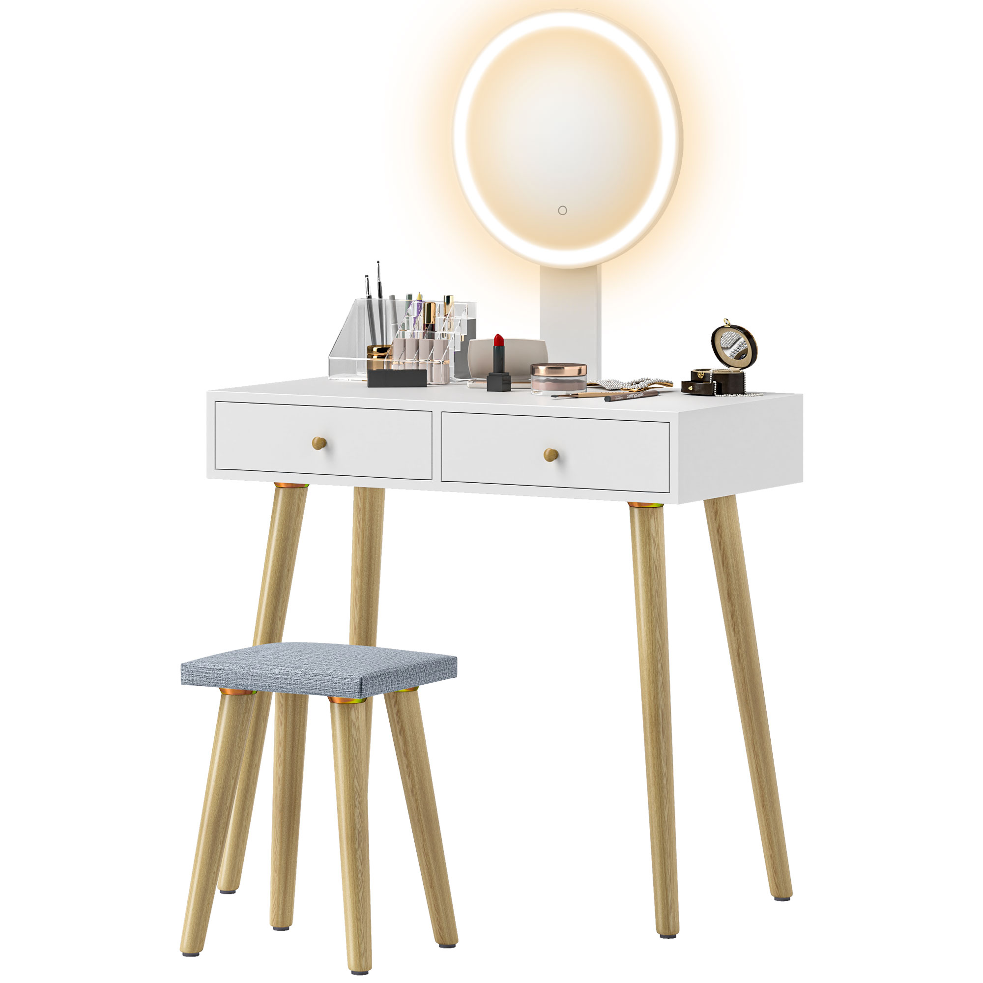 HOMCOM Schminktisch mit LED-Spiegel und 3 einstellbaren Farben, gepolsterter Hocker, 2 Schubladen und Organizer, weiß
