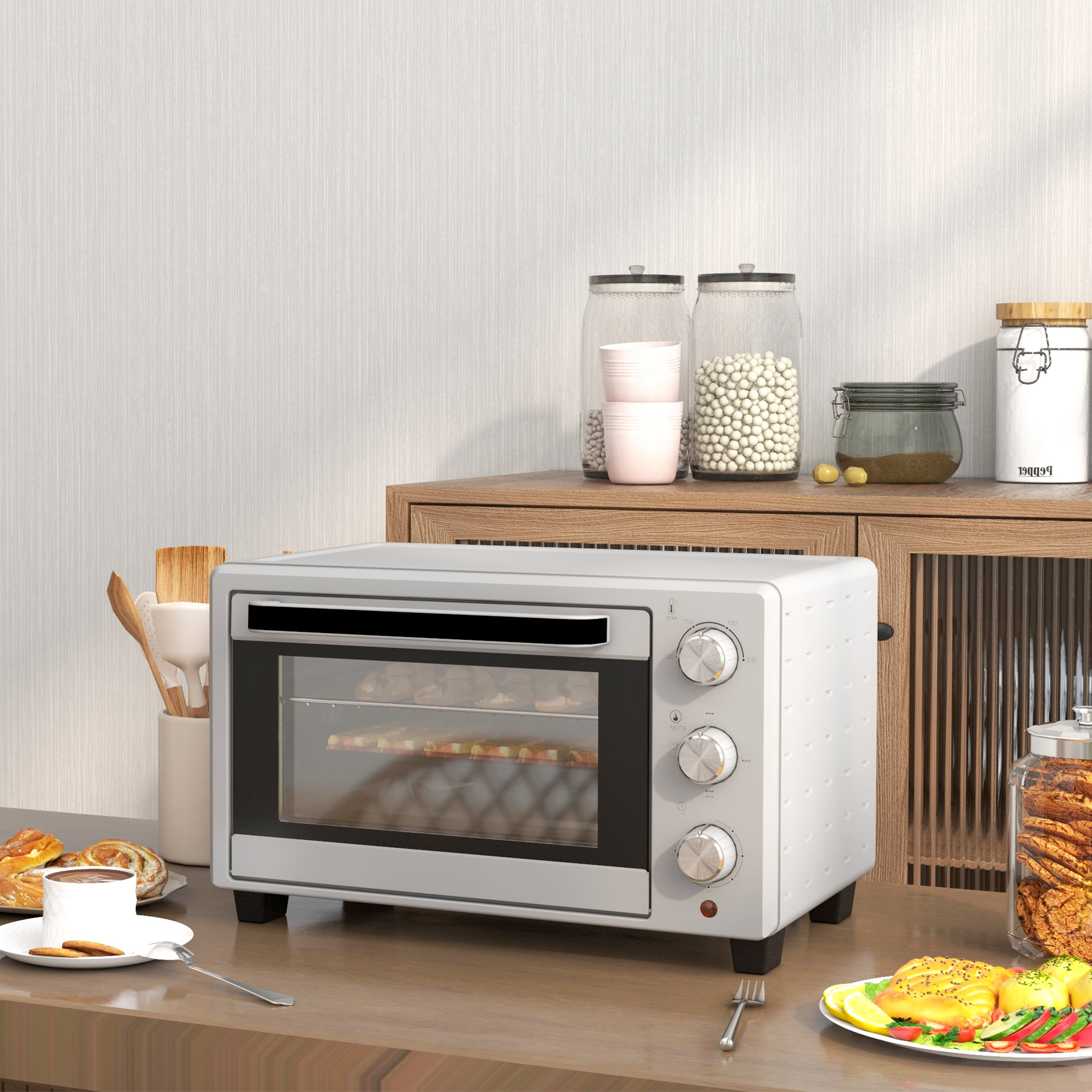 HOMCOM Minioven, 21L, 3 Kookmodi, 100°C-230°C, Rost & Plaat, Roestvrijstaal/Glas, Zilver